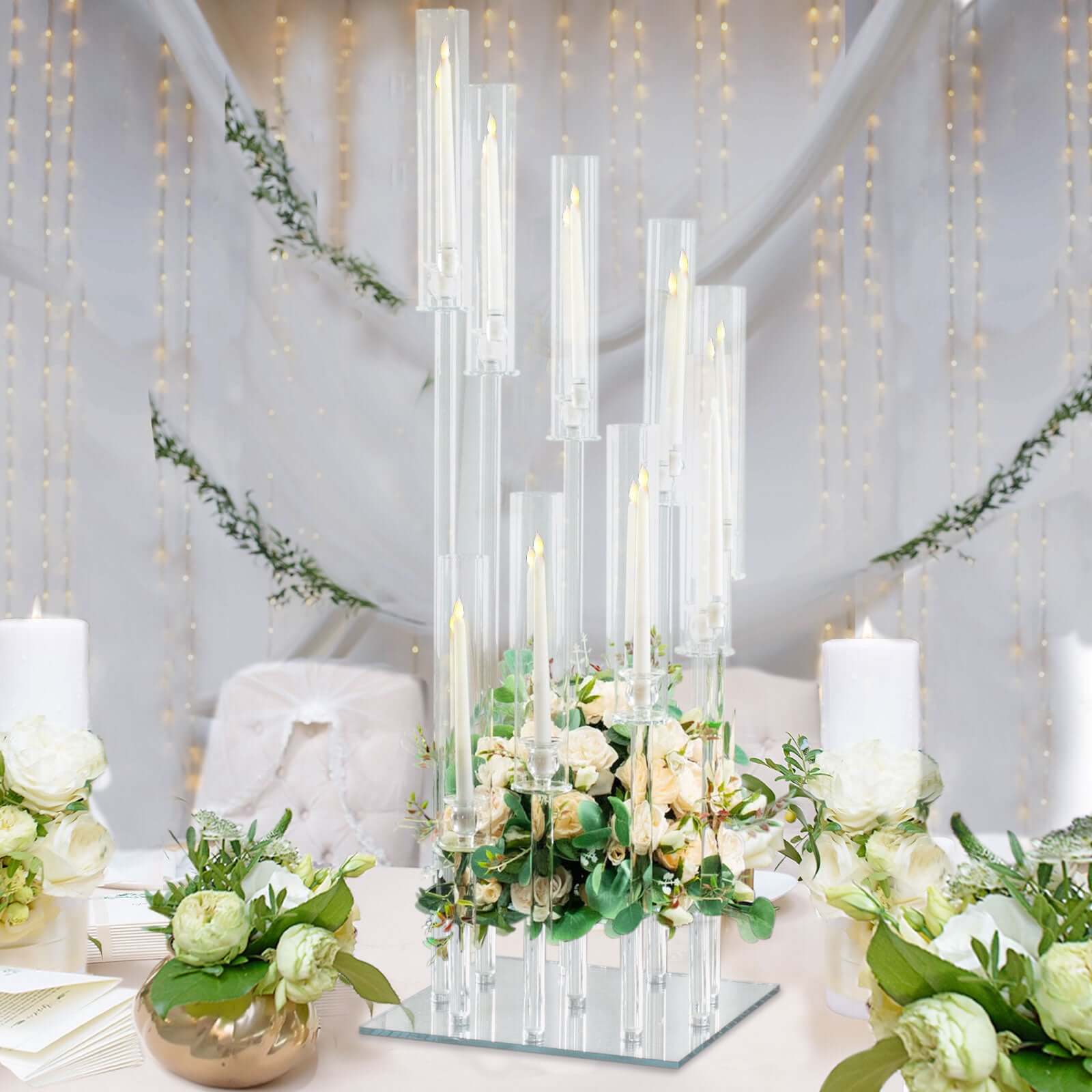 9-Arm Crystal Glass Cluster Candelabra Pedestal Stand 4ft - Square Hurricane Taper Candle Holder Table Centerpiece - Image 4