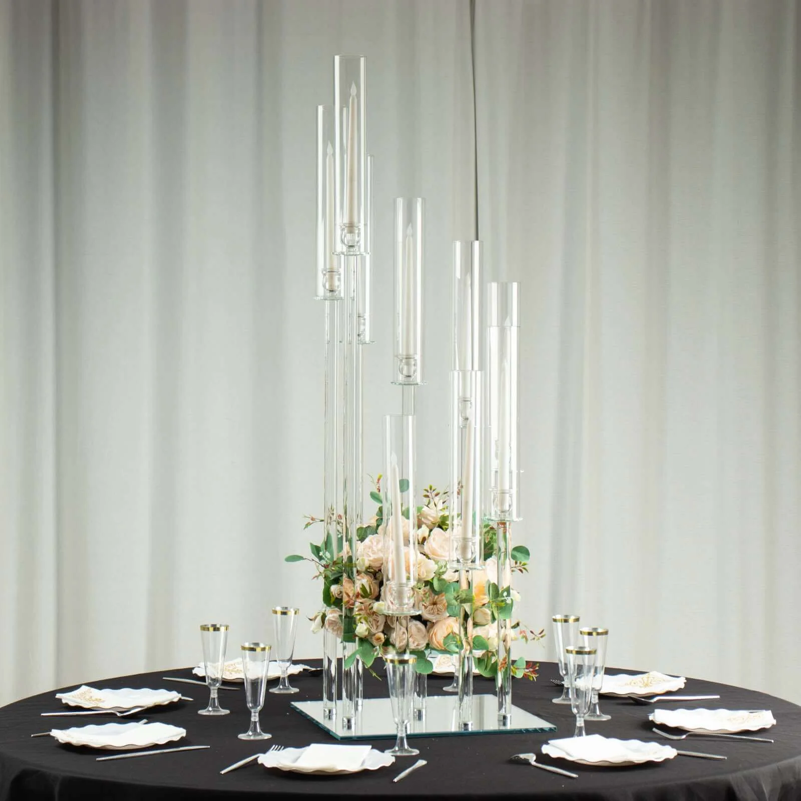 9-Arm Crystal Glass Cluster Candelabra Pedestal Stand 4ft - Square Hurricane Taper Candle Holder Table Centerpiece - Image 8