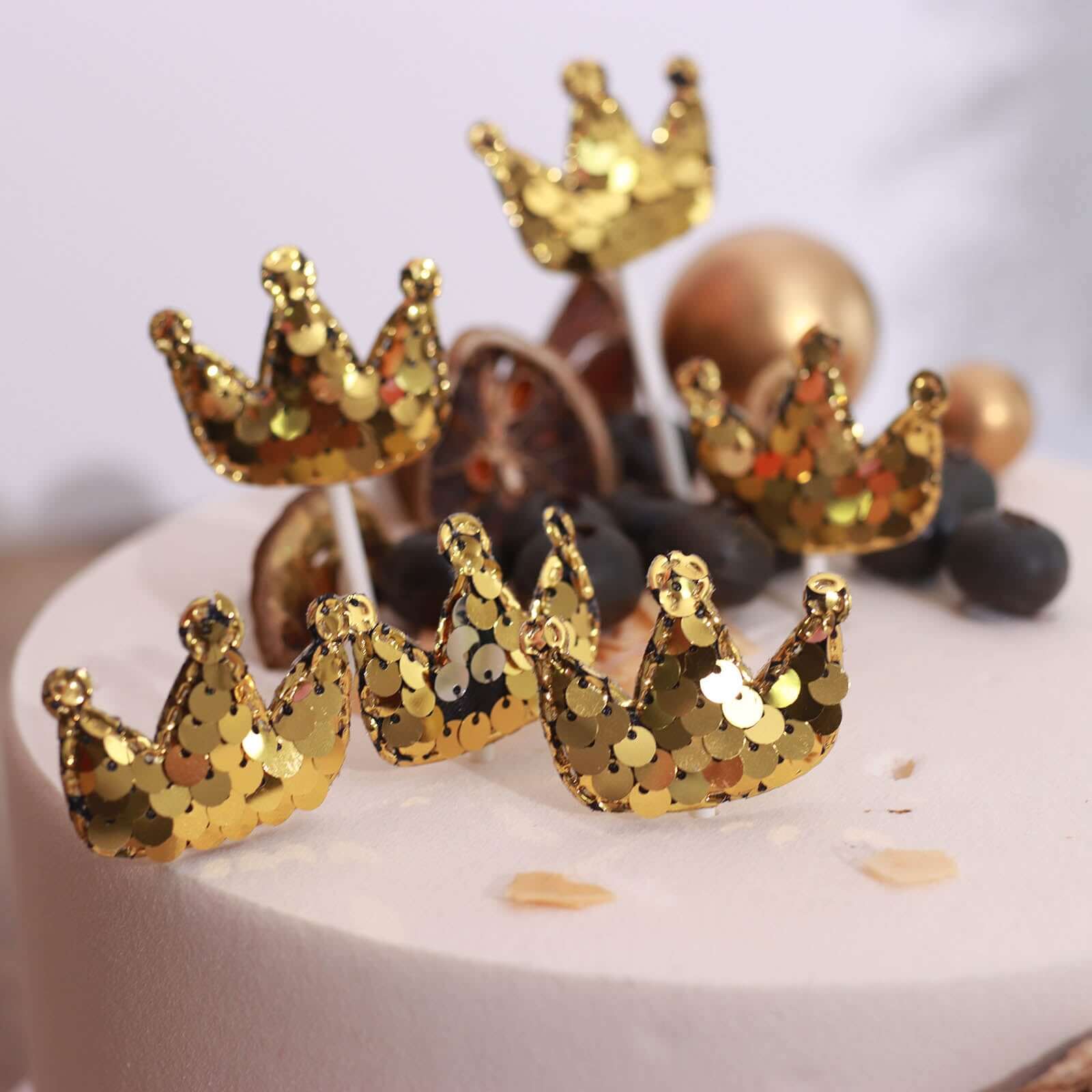 9-Pack Sequin Crown and Tutu Cupcake Cake Toppers Gold - Dazzling Princess Themed Cake Inserts DIY Party Decoration Supplies - Image 12