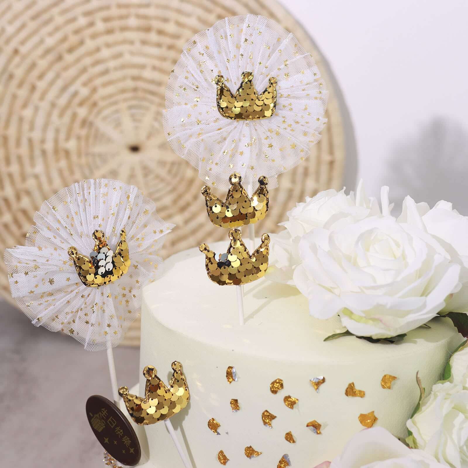 9-Pack Sequin Crown and Tutu Cupcake Cake Toppers Gold - Dazzling Princess Themed Cake Inserts DIY Party Decoration Supplies - Image 13
