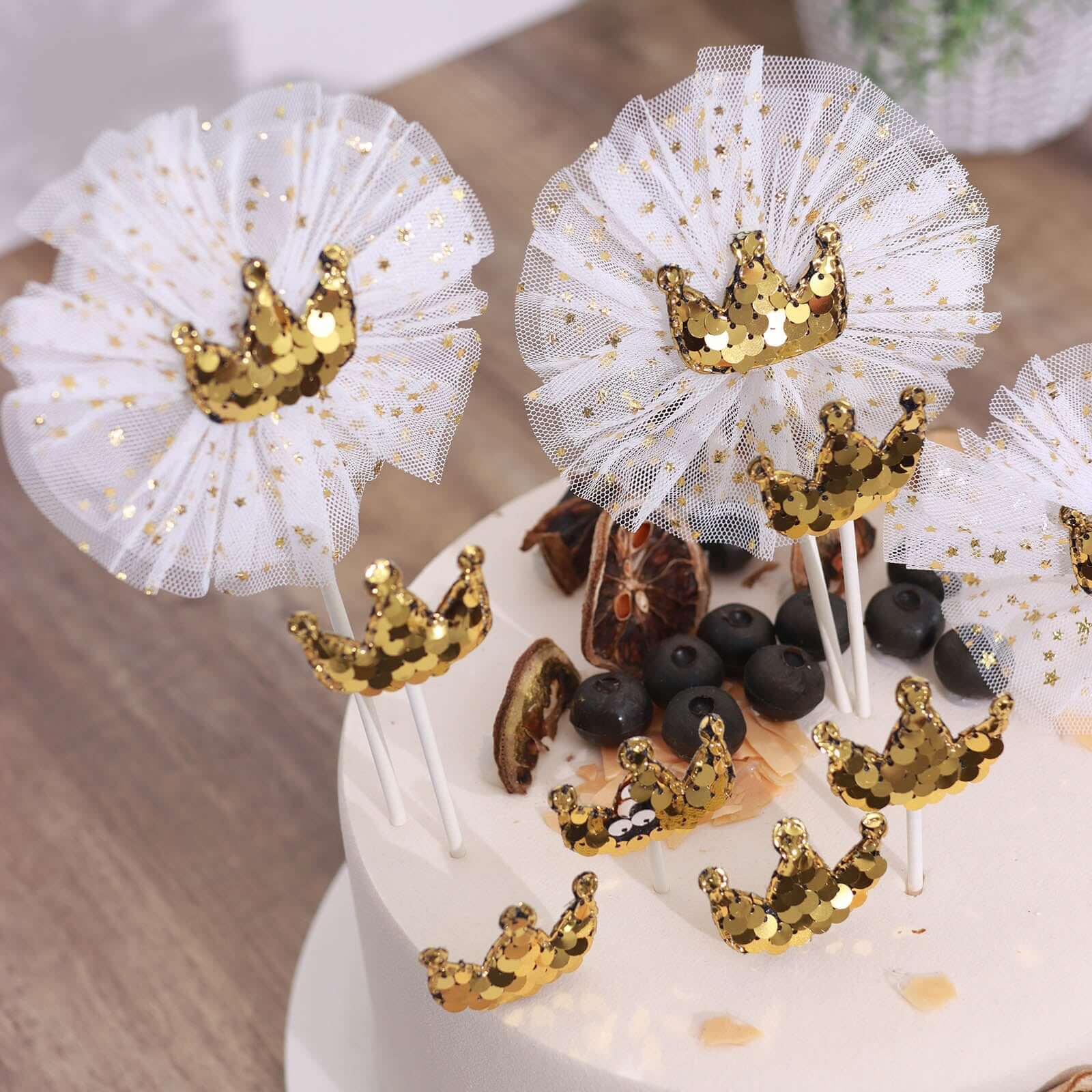9-Pack Sequin Crown and Tutu Cupcake Cake Toppers Gold - Dazzling Princess Themed Cake Inserts DIY Party Decoration Supplies - Image 2