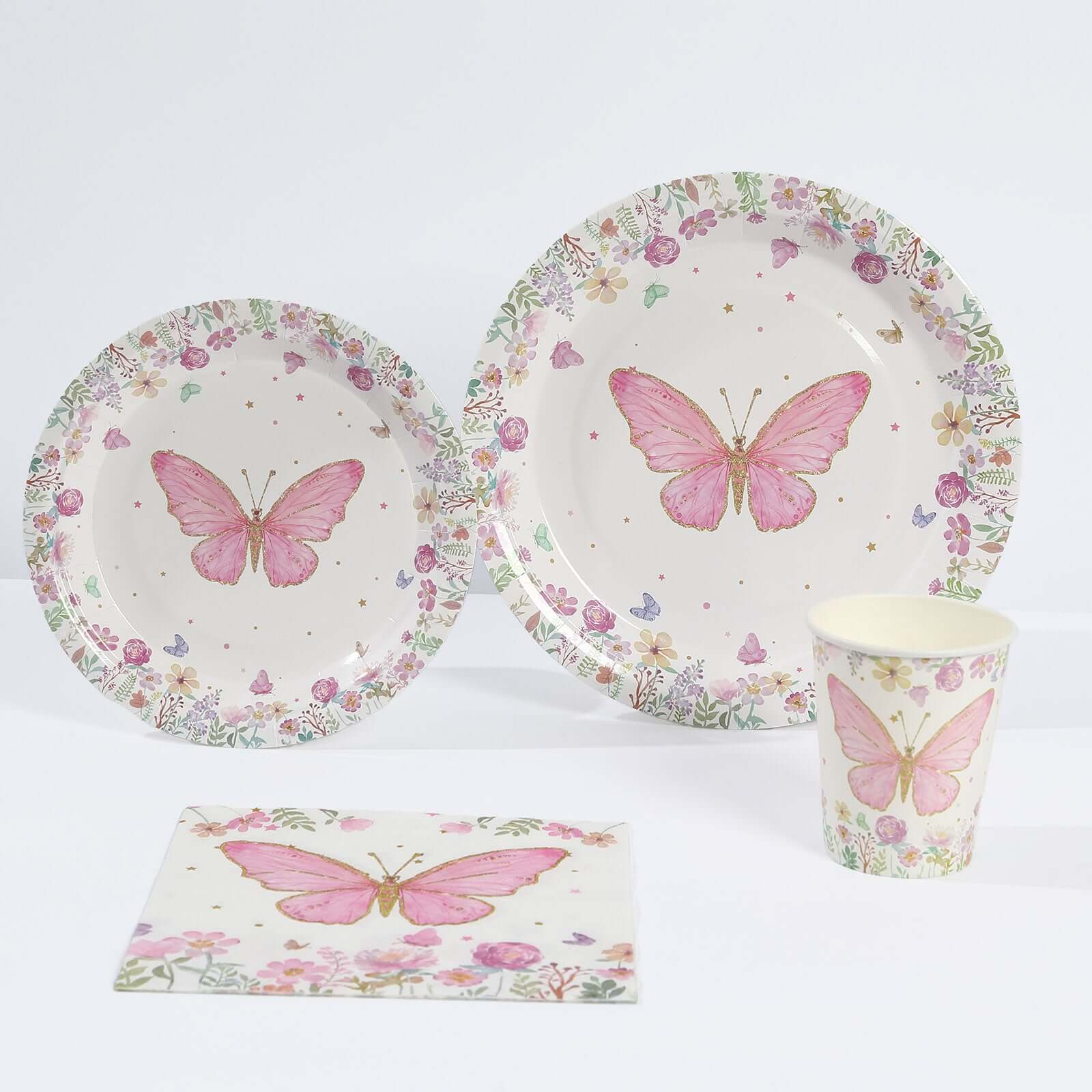 96 Pcs Paper Dinnerware Set White/Pink with Butterfly Print - Disposable Plates, Cups, and Napkins for Parties - Image 8