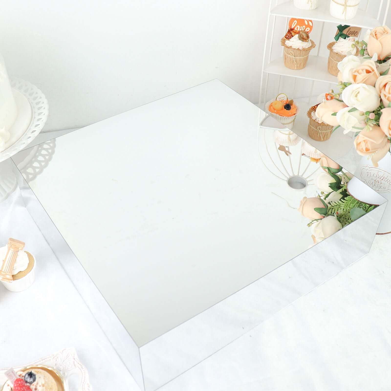 Acrylic Cake Box Stand 18"x18" Transparent Pedestal Riser Silver - Hollow Bottom for Event Displays - Image 2