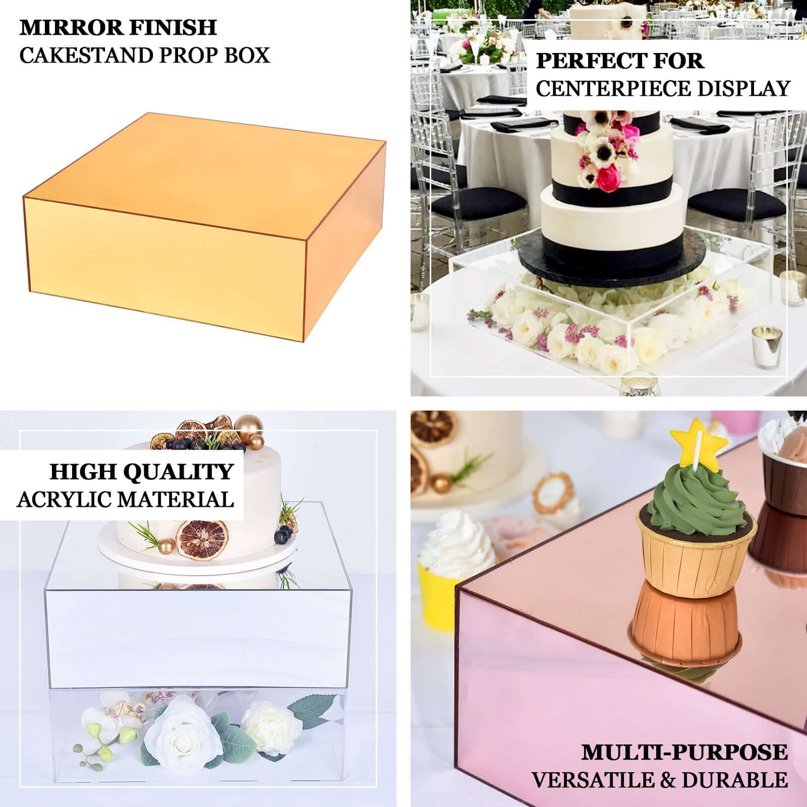 Acrylic Cake Box Stand Pedestal Riser 14"x14" Mirror Finish Gold - Hollow Bottom Display for Desserts - Image 4