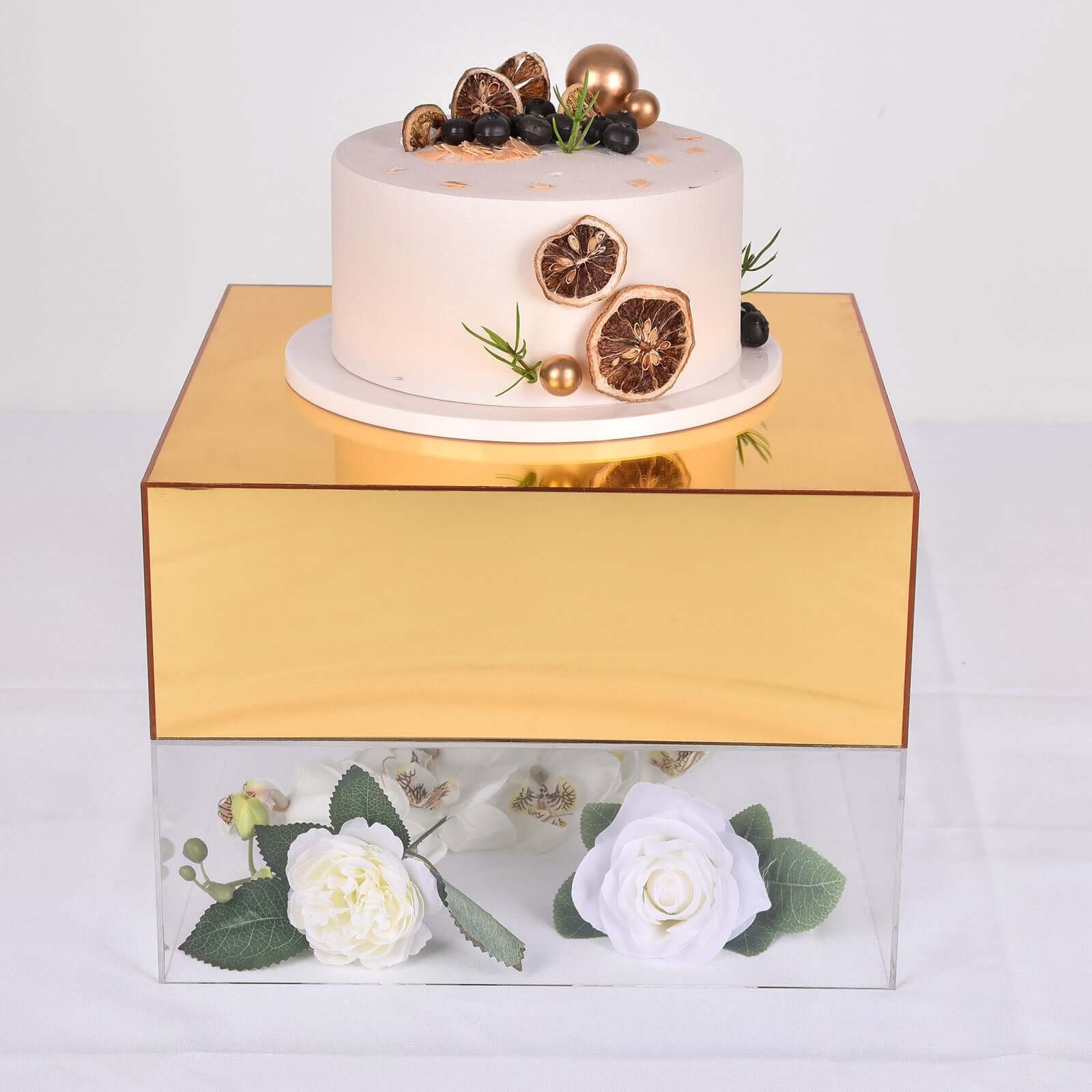 Acrylic Cake Box Stand Pedestal Riser 14"x14" Mirror Finish Gold - Hollow Bottom Display for Desserts - Image 7