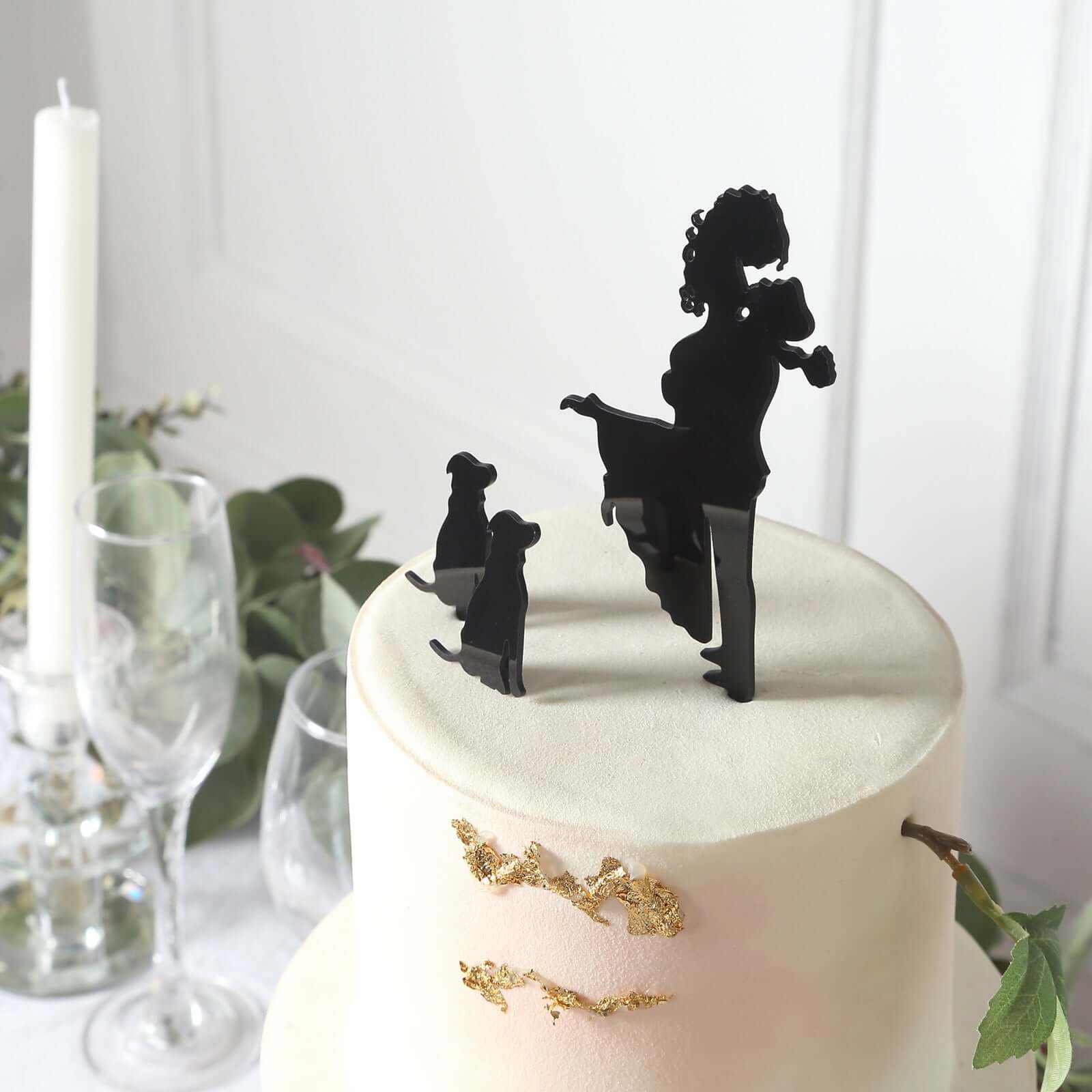 Acrylic Cake Toppers 7" Black Silhouette Design of Bride, Groom, and Pet Dogs - Wedding Cake Decoration Set - Image 10