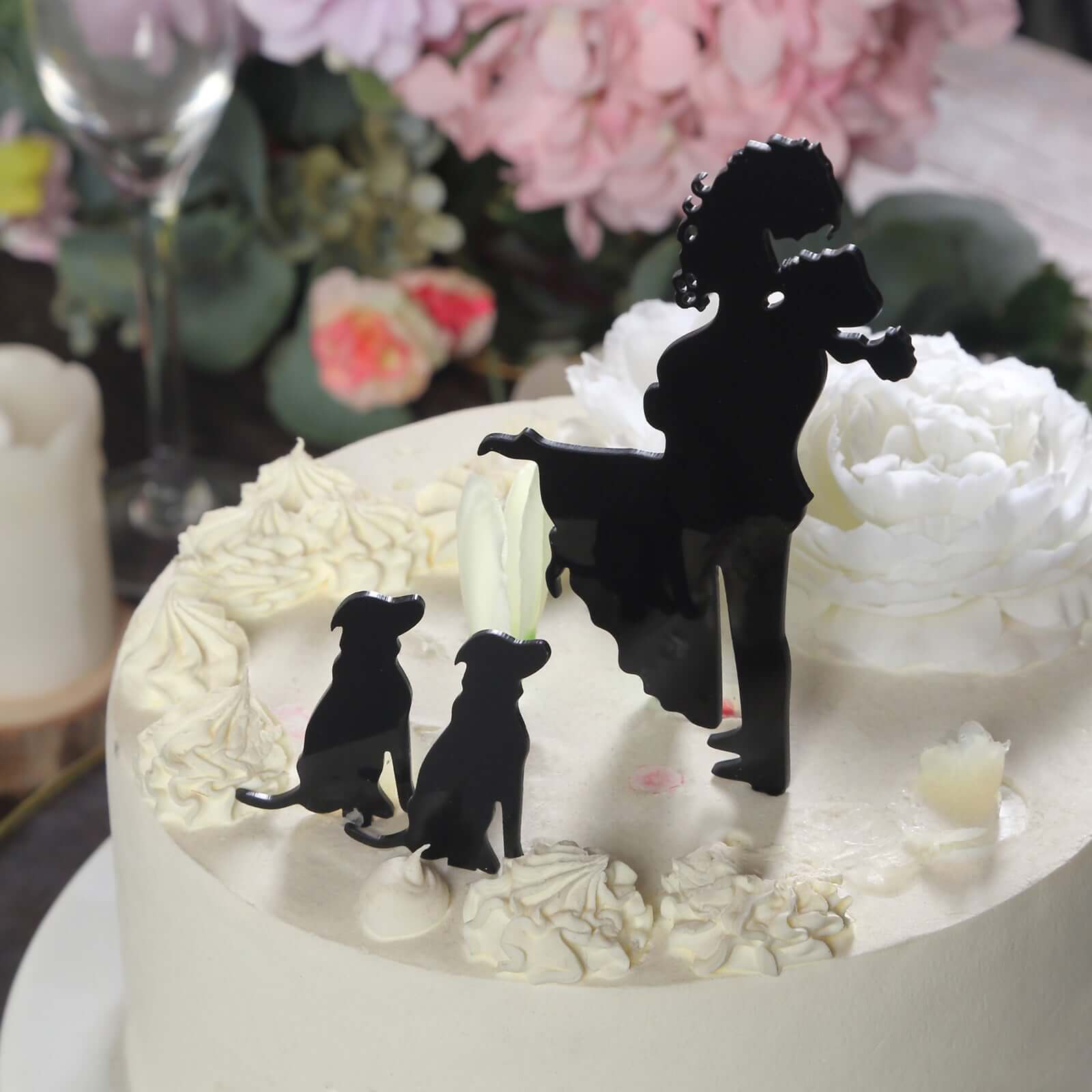 Acrylic Cake Toppers 7" Black Silhouette Design of Bride, Groom, and Pet Dogs - Wedding Cake Decoration Set - Image 11