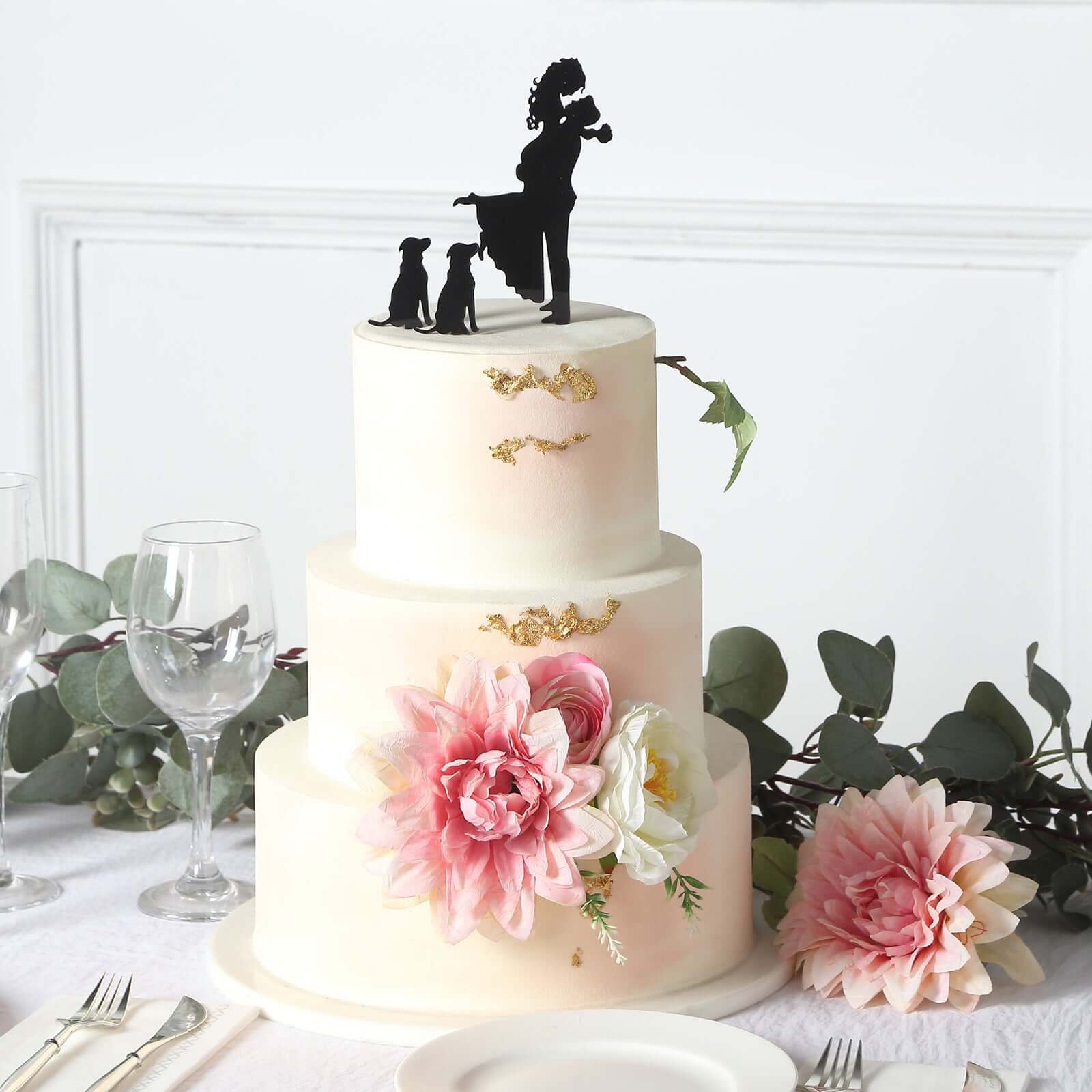 Acrylic Cake Toppers 7" Black Silhouette Design of Bride, Groom, and Pet Dogs - Wedding Cake Decoration Set - Image 2