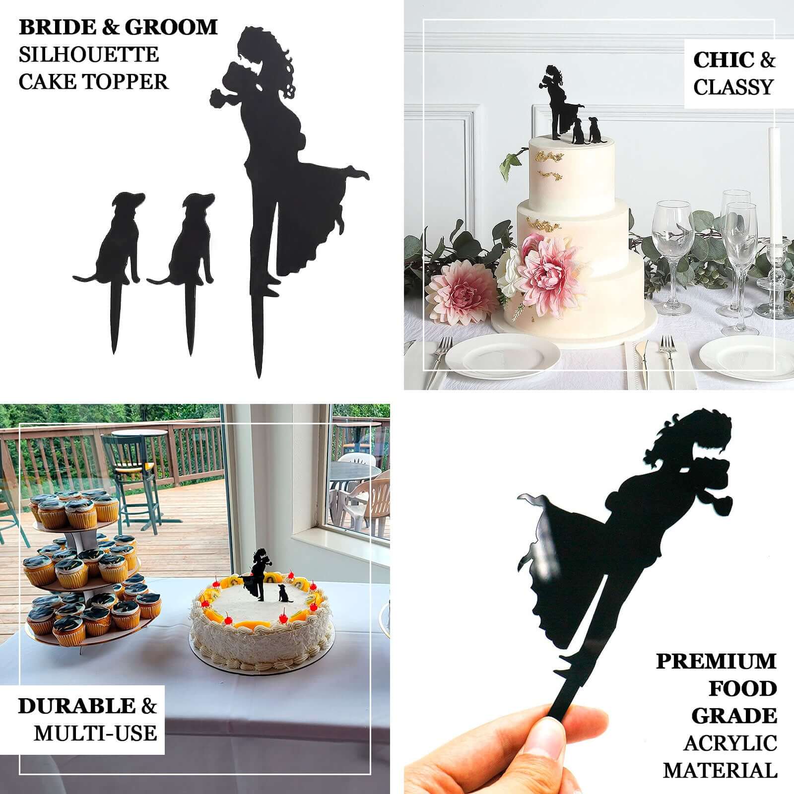 Acrylic Cake Toppers 7" Black Silhouette Design of Bride, Groom, and Pet Dogs - Wedding Cake Decoration Set - Image 4