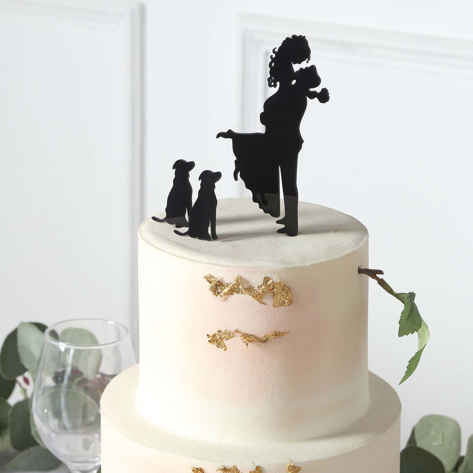 Acrylic Cake Toppers 7" Black Silhouette Design of Bride, Groom, and Pet Dogs - Wedding Cake Decoration Set - Image 6