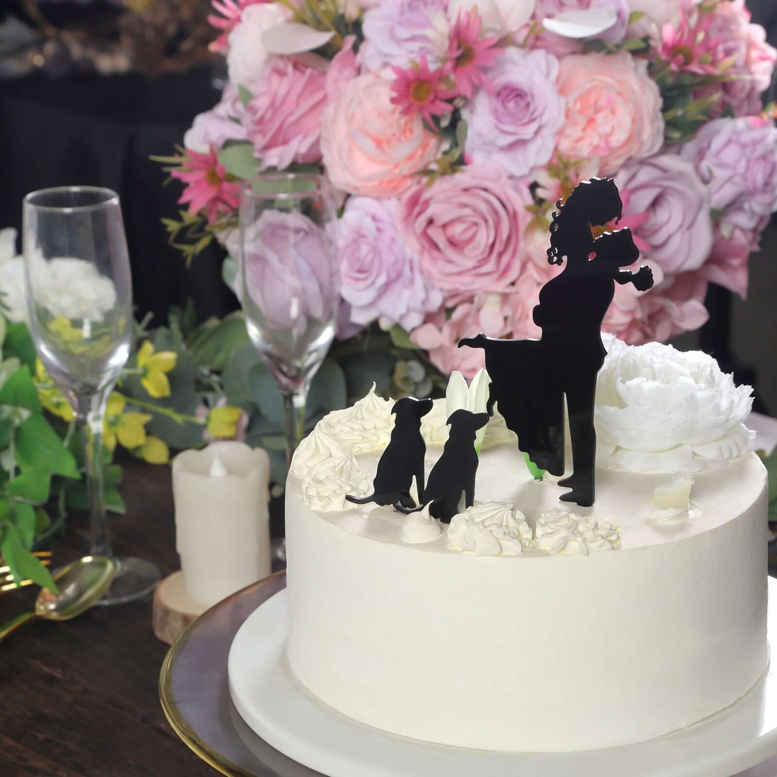 Acrylic Cake Toppers 7" Black Silhouette Design of Bride, Groom, and Pet Dogs - Wedding Cake Decoration Set - Image 9