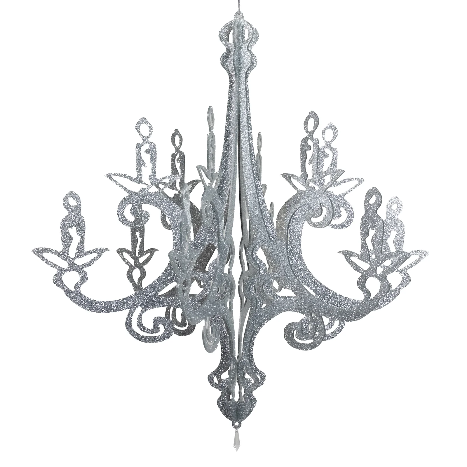 Silver Glittered Acrylic Chandelier Hanging Decor 24", 3D Interlocking Cutout Design, Ceiling Decor - Image 2