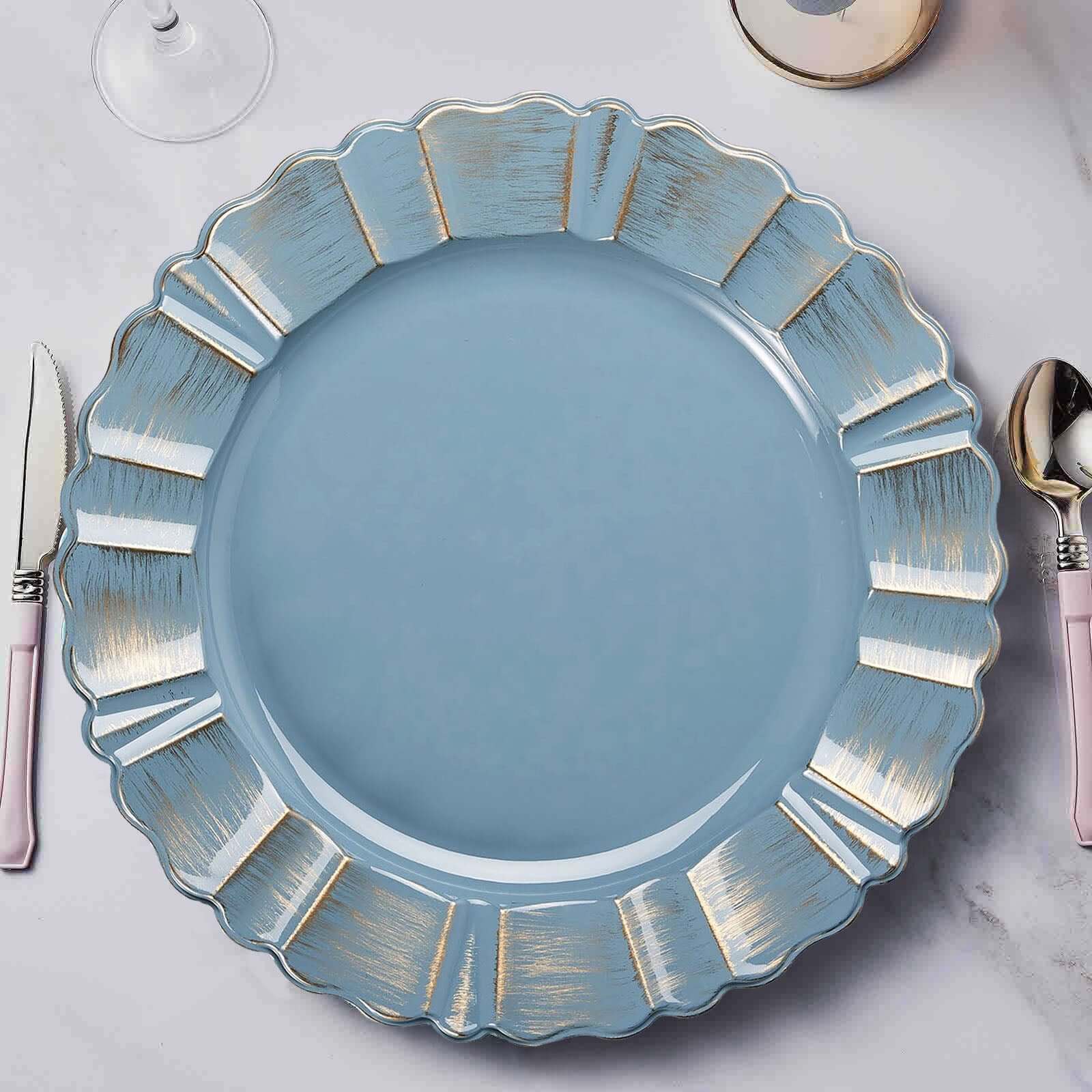 6-Pack Acrylic Plastic Charger Plates 13" Round Dusty Blue with Gold Brushed Wavy Scalloped Rim - Dinner Charger Tableware