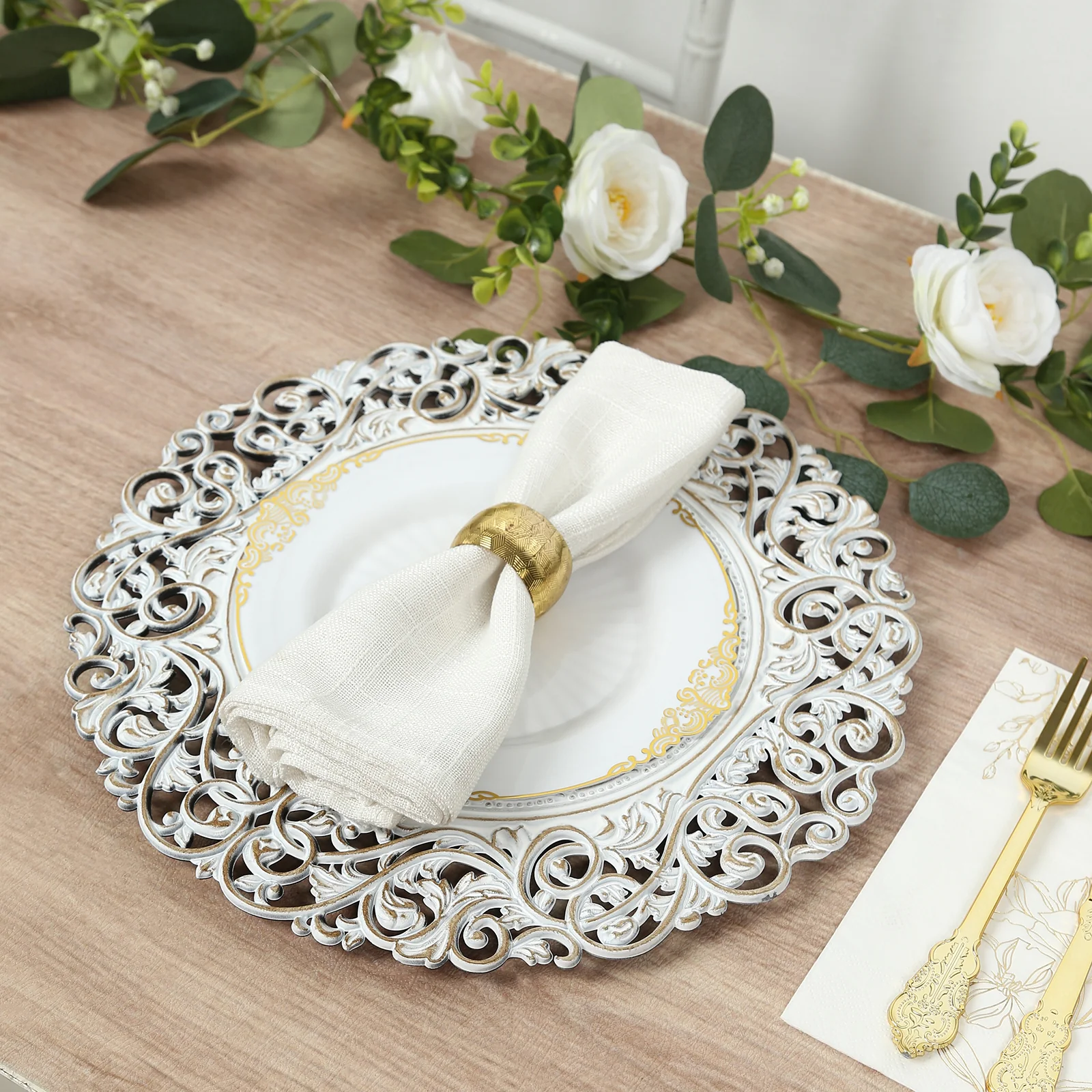 6-Pack Acrylic Charger Plates 13" Round Antique White with Vintage Floral Carved Rim - Event Tabletop Decorative Charger Tableware - Image 4