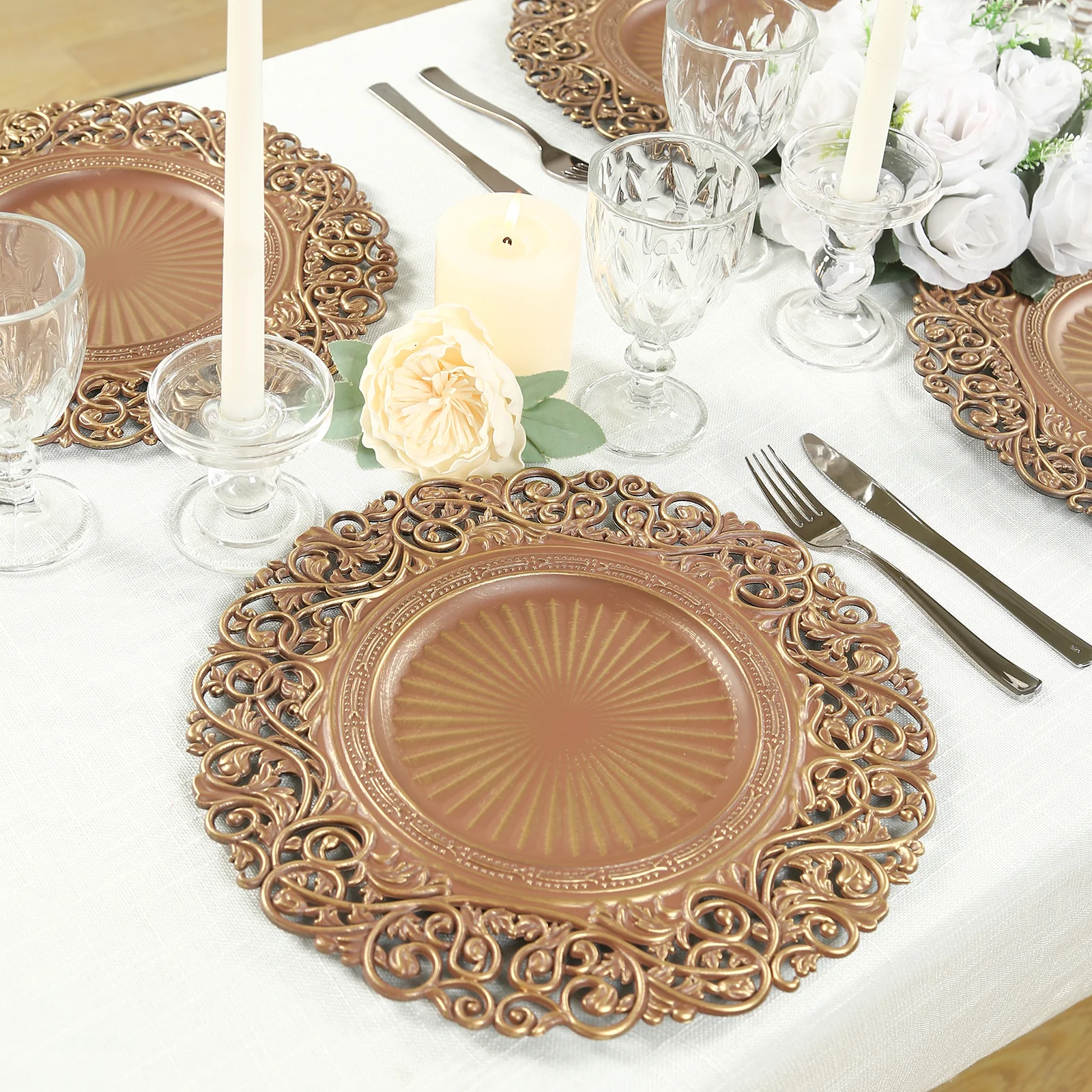 6-Pack Acrylic Charger Plates 13" Round Brown / Brushed Gold with Vintage Floral Carved Rim - Event Tabletop Decorative Charger Tableware - Image 3