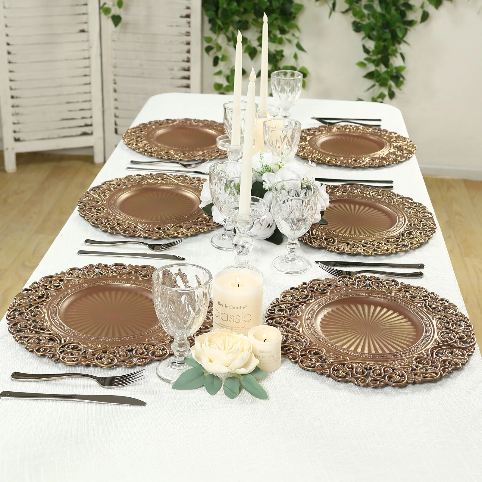 6-Pack Acrylic Charger Plates 13" Round Brown / Brushed Gold with Vintage Floral Carved Rim - Event Tabletop Decorative Charger Tableware - Image 5