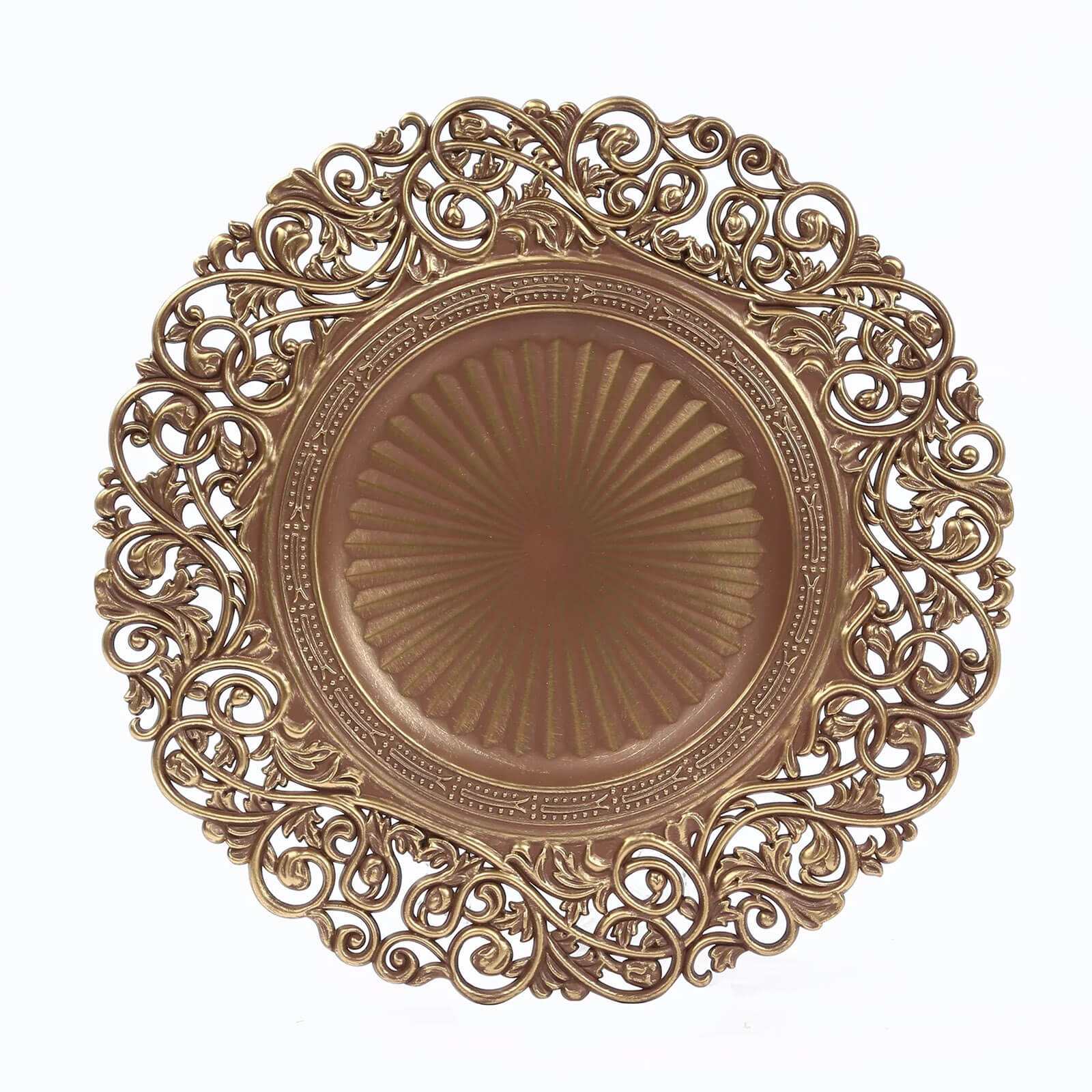 6-Pack Acrylic Charger Plates 13" Round Brown / Brushed Gold with Vintage Floral Carved Rim - Event Tabletop Decorative Charger Tableware - Image 6