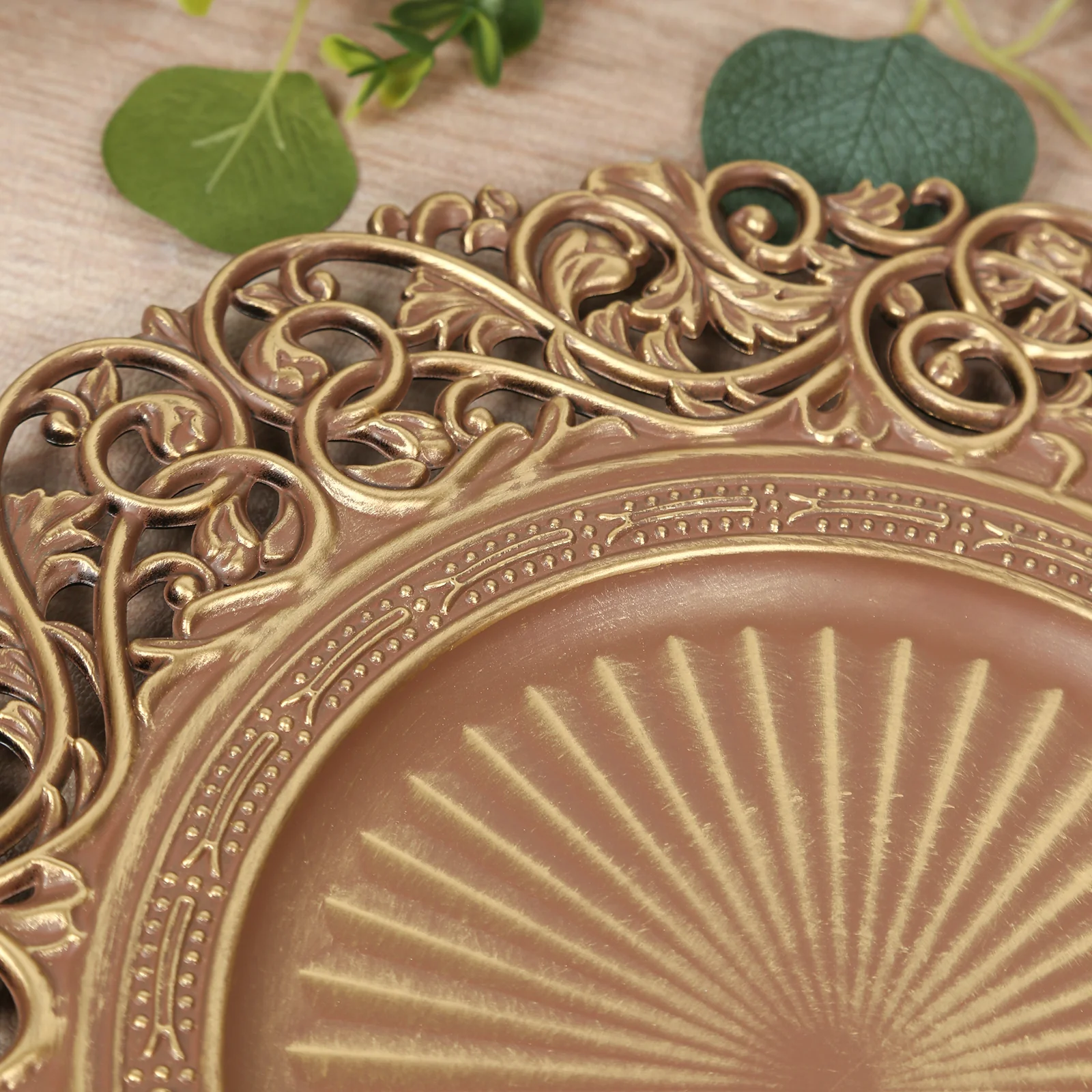 6-Pack Acrylic Charger Plates 13" Round Brown / Brushed Gold with Vintage Floral Carved Rim - Event Tabletop Decorative Charger Tableware - Image 7
