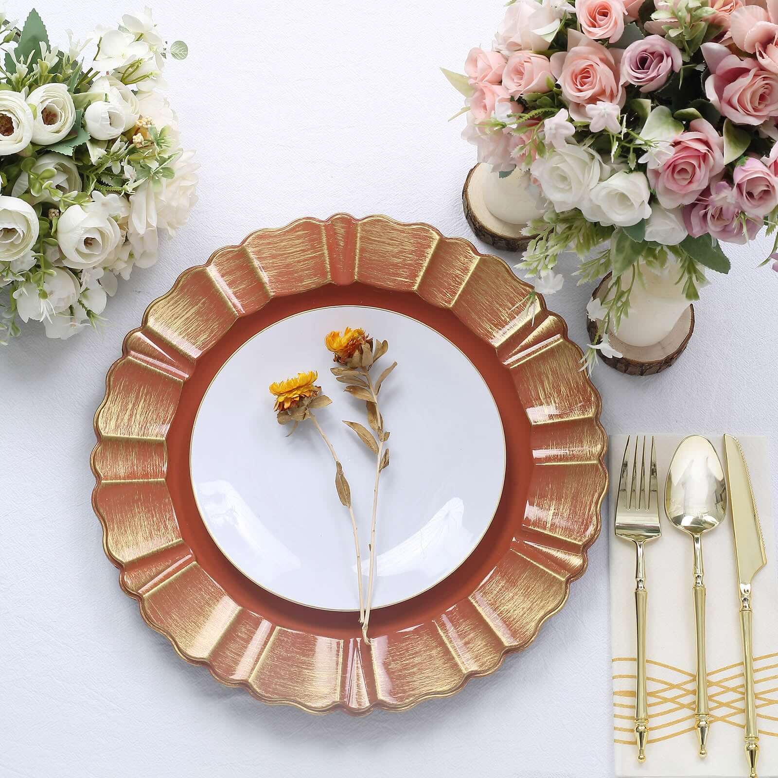 6-Pack Acrylic Plastic Charger Plates 13" Round Terracotta (Rust) with Gold Brushed Wavy Scalloped Rim - Dinner Charger Tableware - Image 2