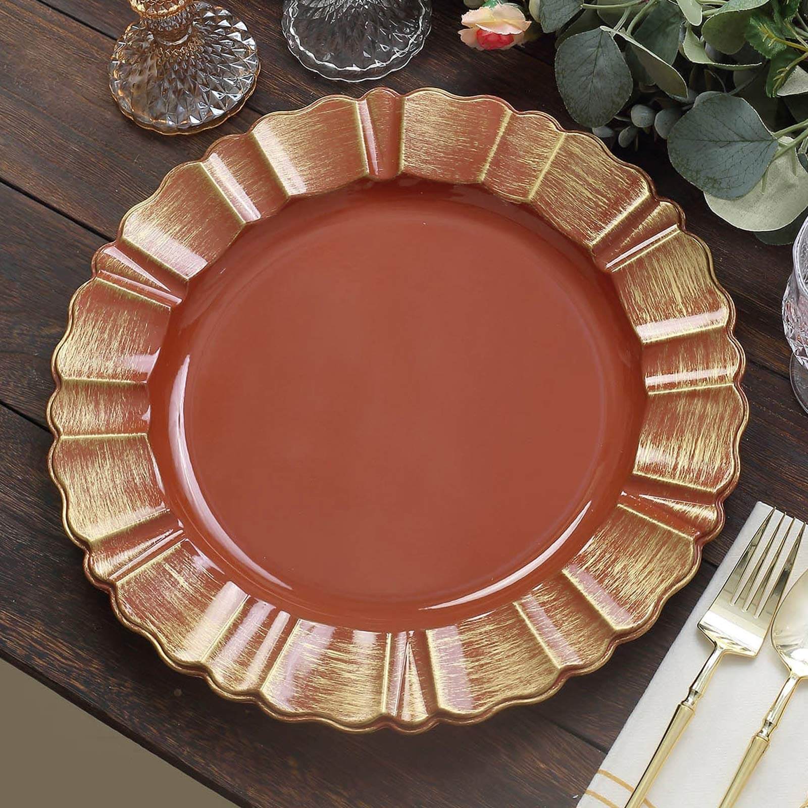 6-Pack Acrylic Plastic Charger Plates 13" Round Terracotta (Rust) with Gold Brushed Wavy Scalloped Rim - Dinner Charger Tableware - Image 8