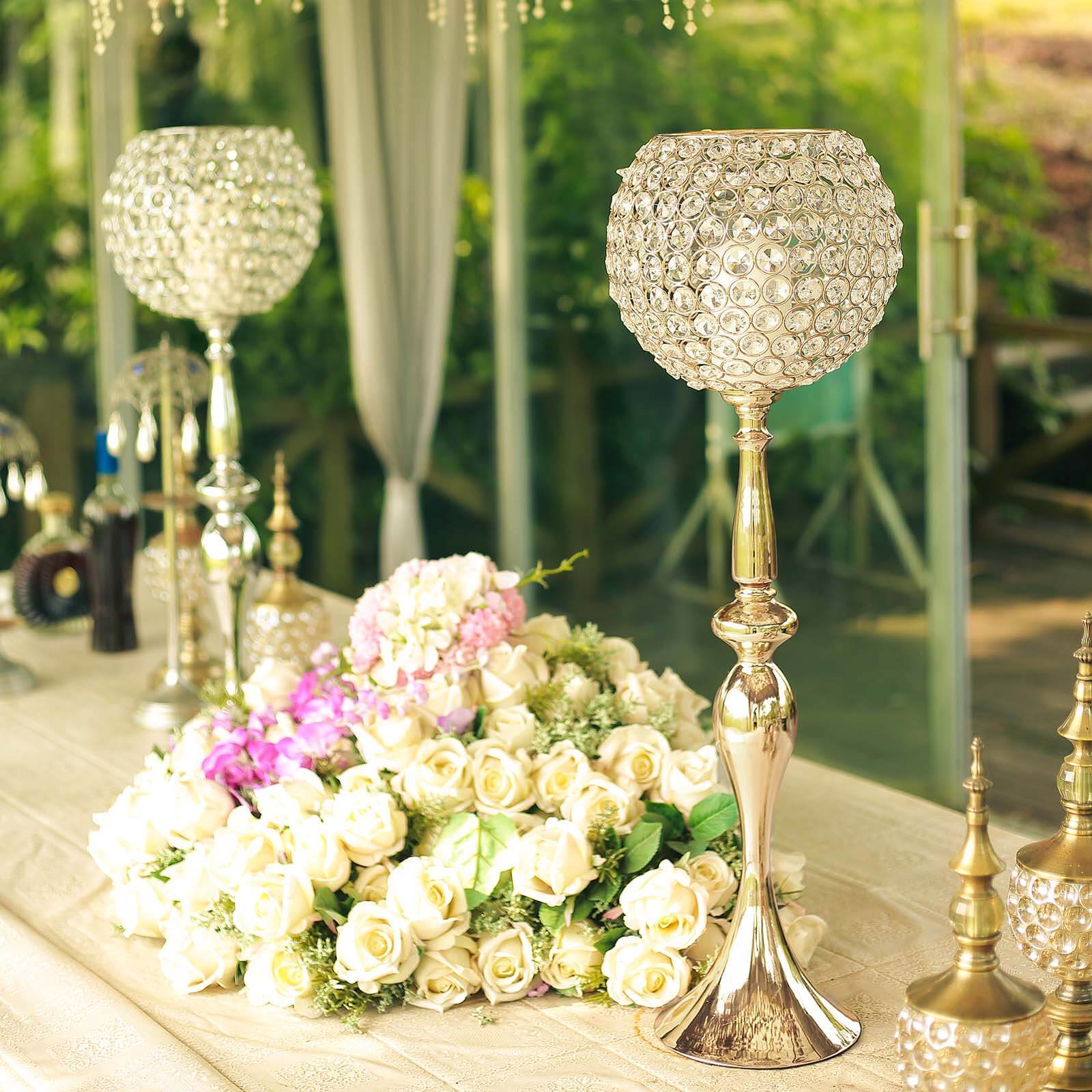 Acrylic Crystal Beaded Goblet Candle Holder 30" Gold - Majestic Flower Ball Centerpiece Stand for Wedding Party Event Decor - Image 2
