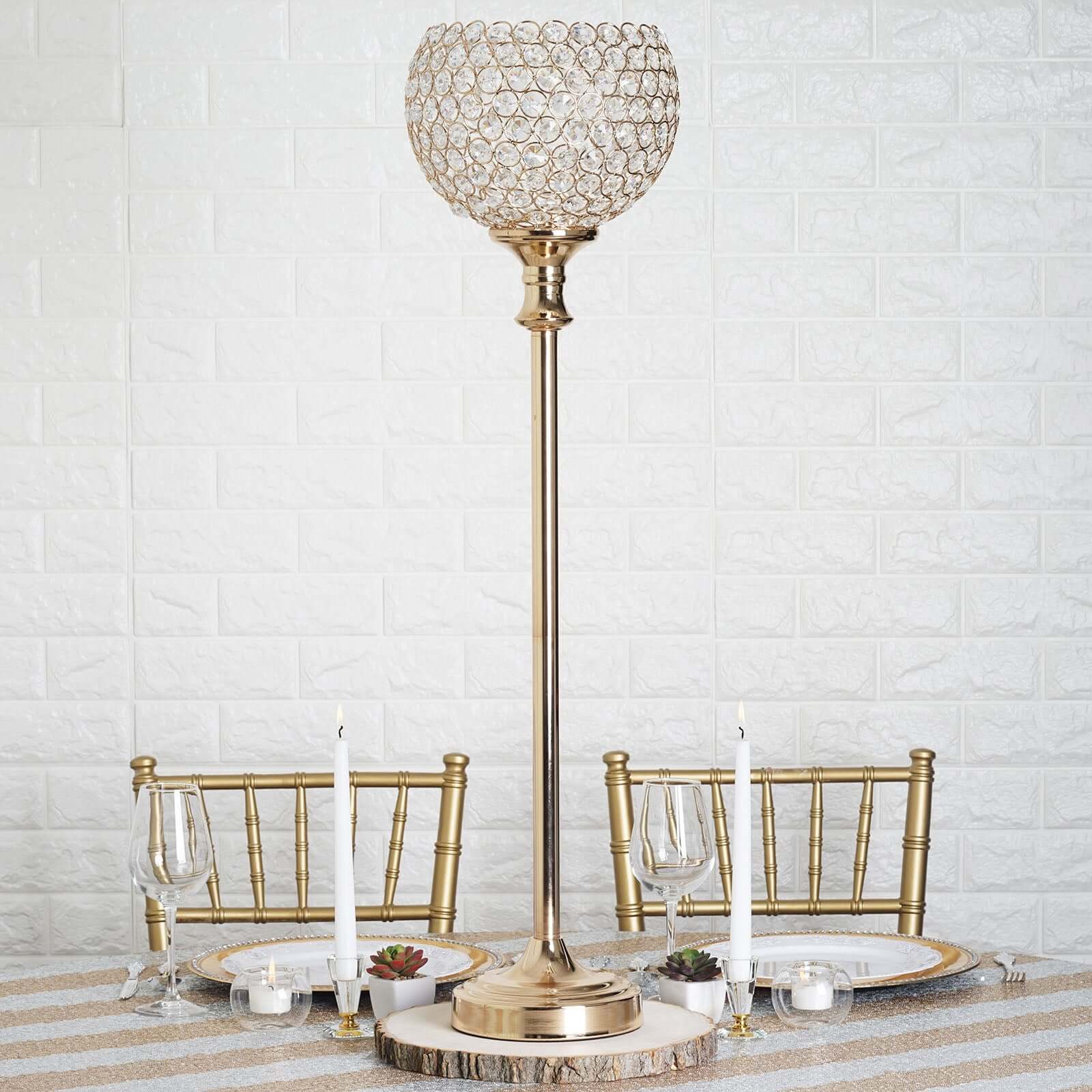 Acrylic Votive Candle Holder 37" Crystal Goblet Design Gold - Table Centerpiece for Weddings