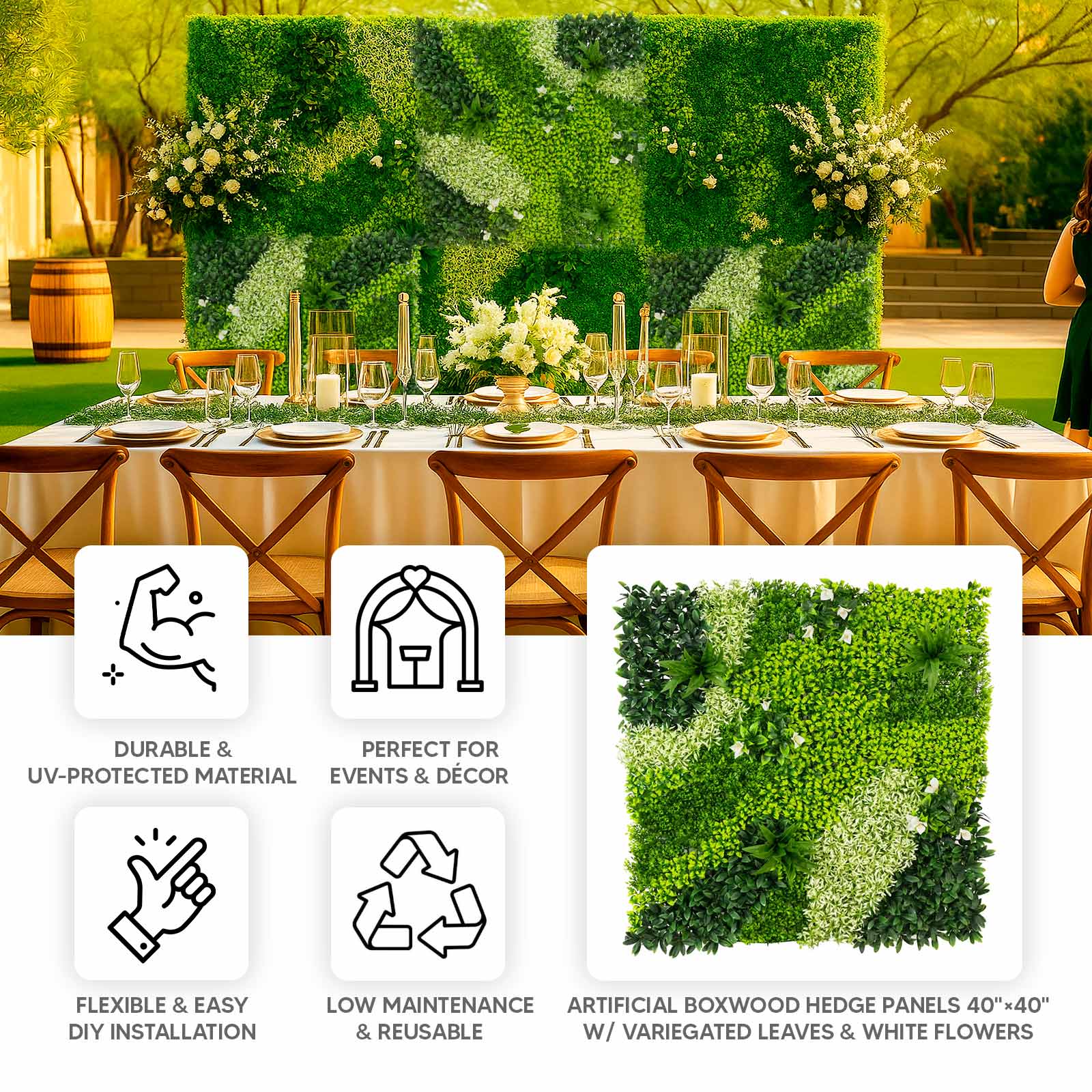 Artificial Boxwood Hedge Panels 40"×40" – Greenery Wall Backdrop with Variegated Leaves and White Flowers, Outdoor UV-Protected Grass Wall Mat – 2 Panels, Covers 22 Sq. Ft. - Image 4