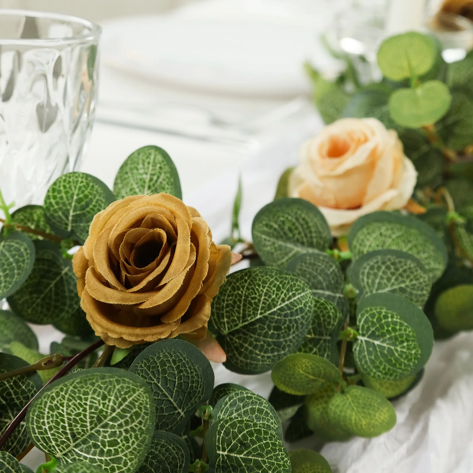 Artificial Eucalyptus Garland with Cream/Gold Silk Roses – 6ft Faux Greenery Vine - Image 7