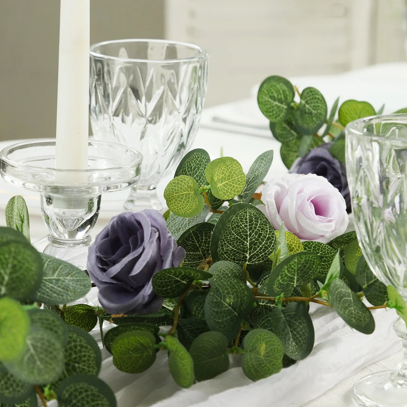 Artificial Eucalyptus Garland with Lavender Lilac/Purple Silk Roses – 6ft Faux Greenery Vine - Image 6