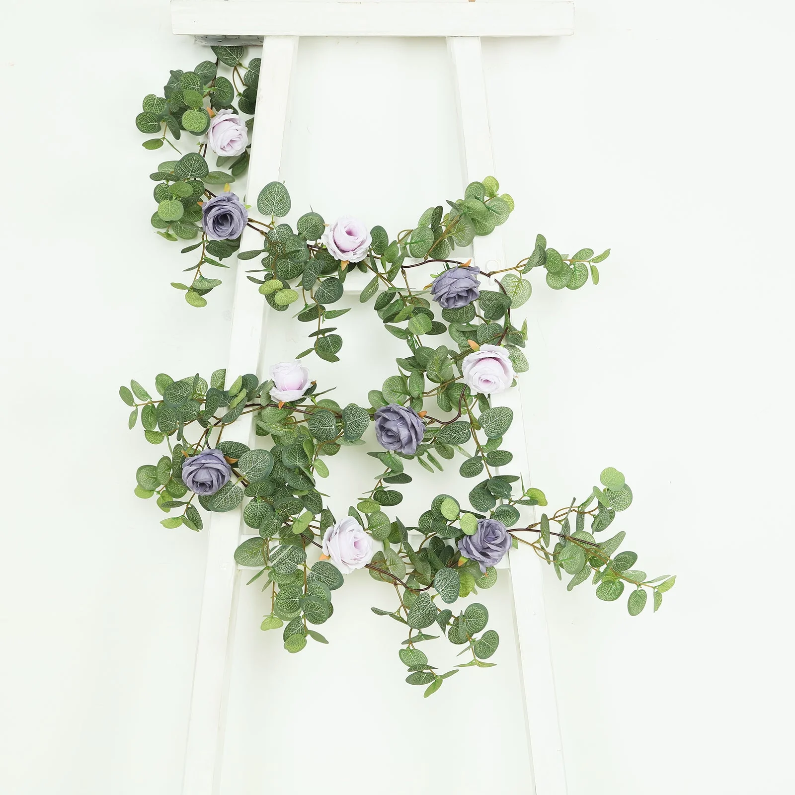 Artificial Eucalyptus Garland with Lavender Lilac/Purple Silk Roses – 6ft Faux Greenery Vine - Image 8