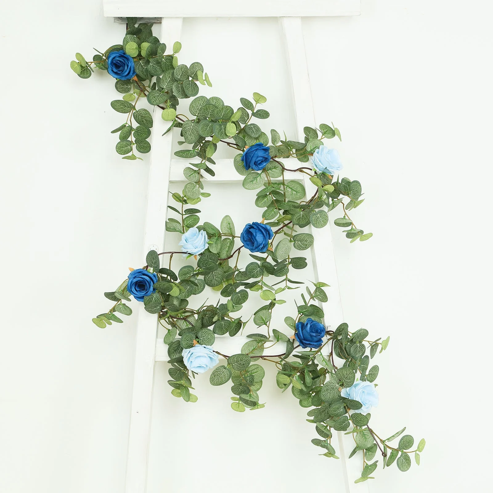 Artificial Eucalyptus Garland with Royal Blue/Light Blue Silk Roses – 6ft Faux Greenery Vine - Image 8