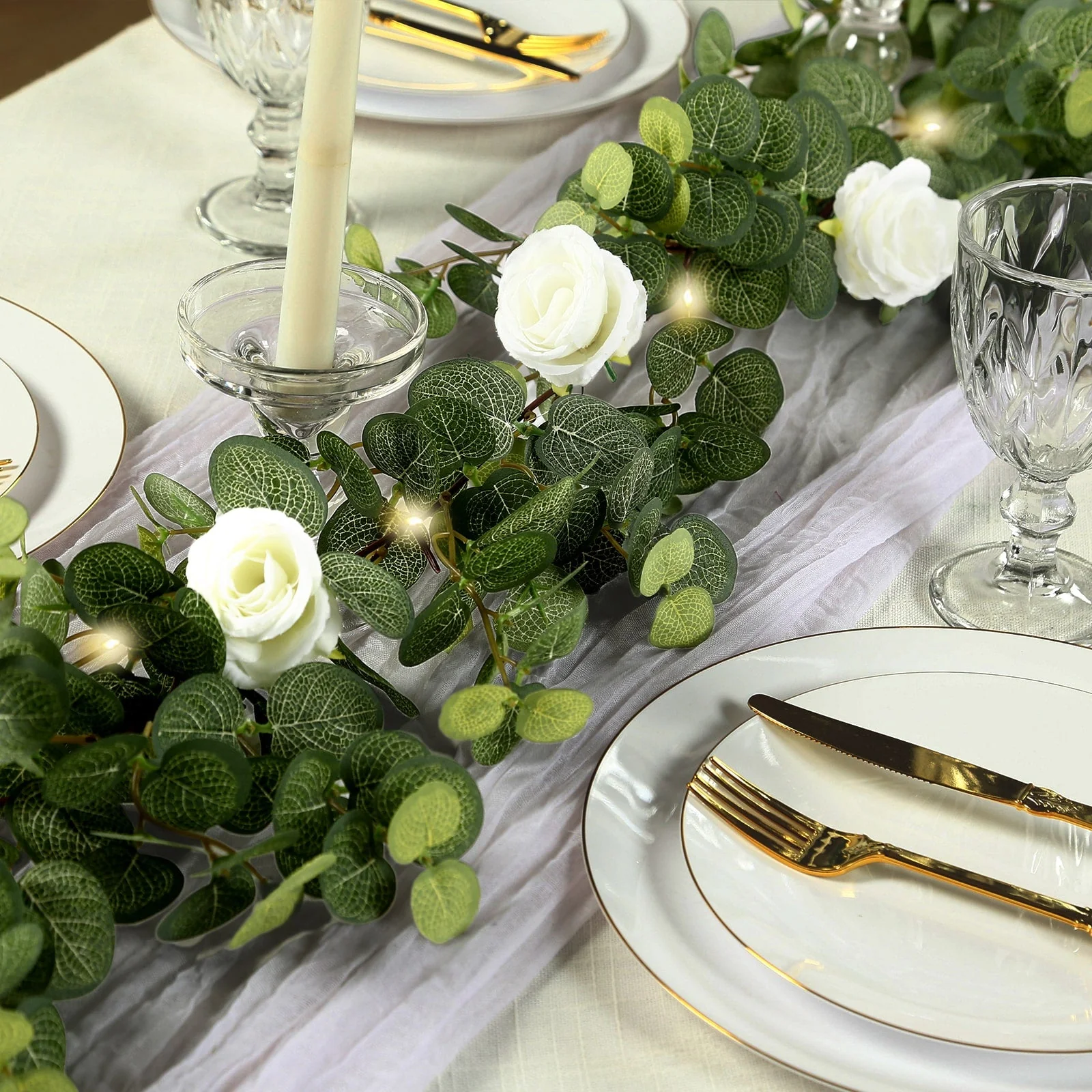 Artificial Eucalyptus Garland with String Lights & Ivory Roses – 6ft Battery-Operated Lighted Greenery Vine - Image 2