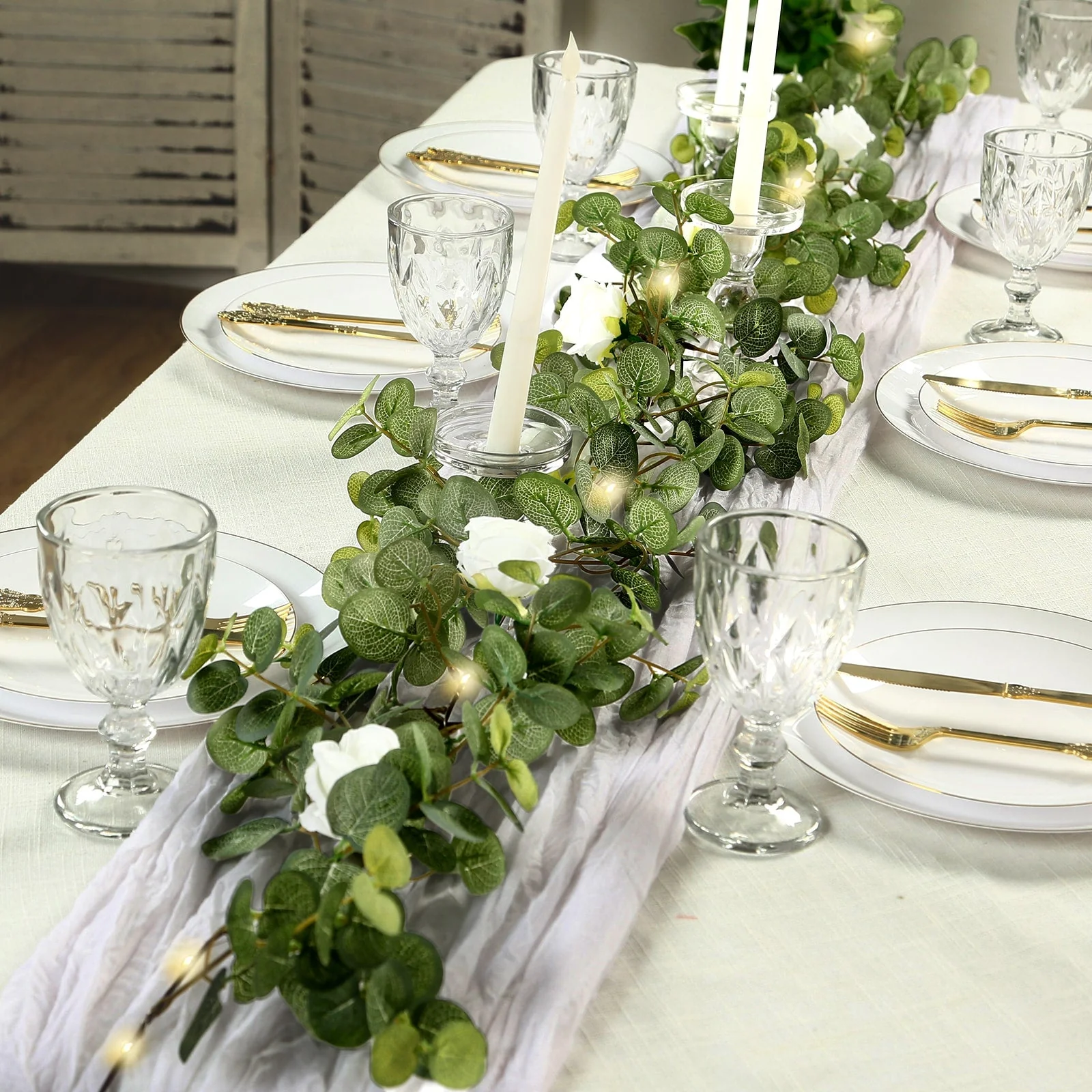 Artificial Eucalyptus Garland with String Lights & Ivory Roses – 6ft Battery-Operated Lighted Greenery Vine - Image 5