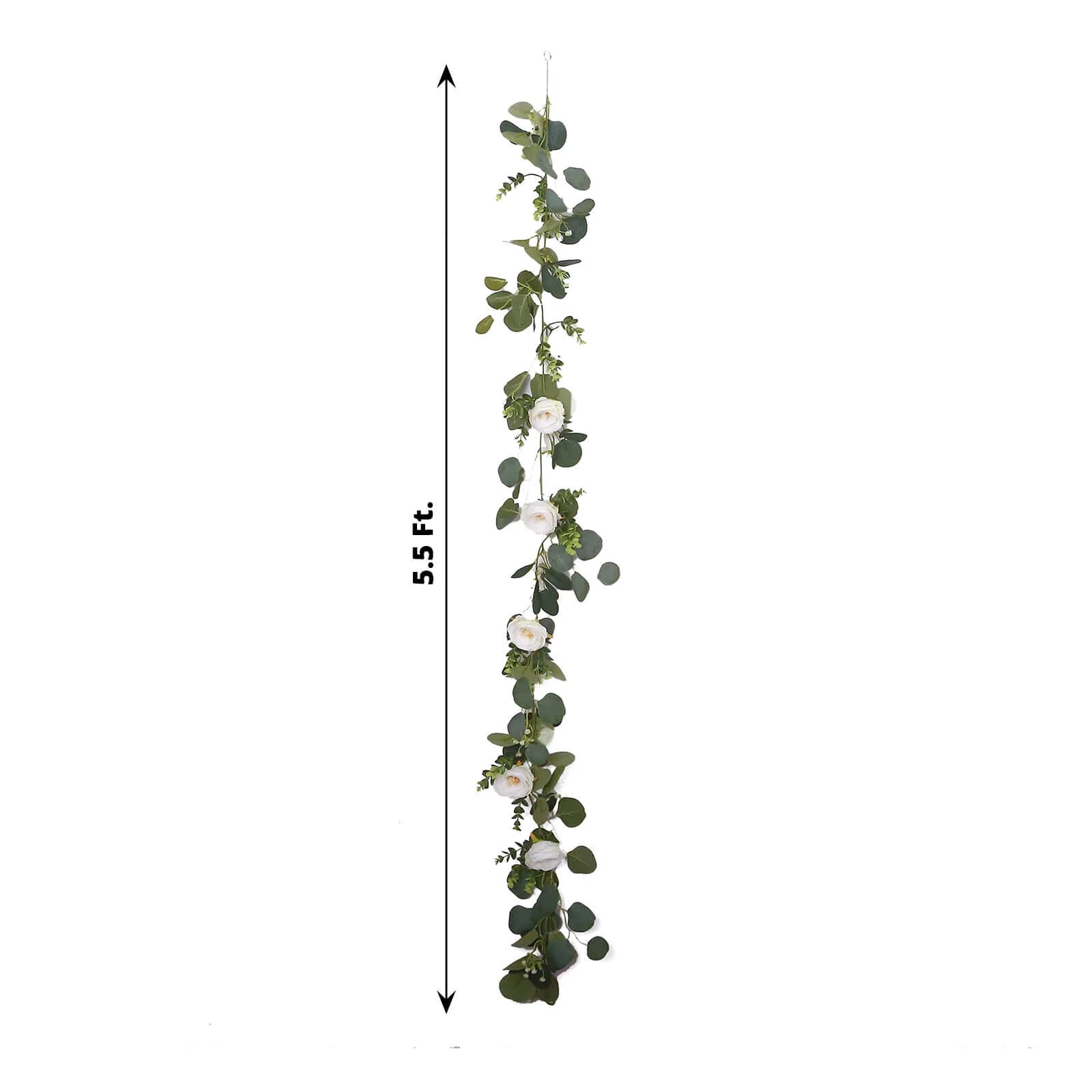 Artificial Eucalyptus Leaf Table Garland With 7 White Rose Flower Heads, Floral Greenery Hanging Vines - 5.5ft - Image 3