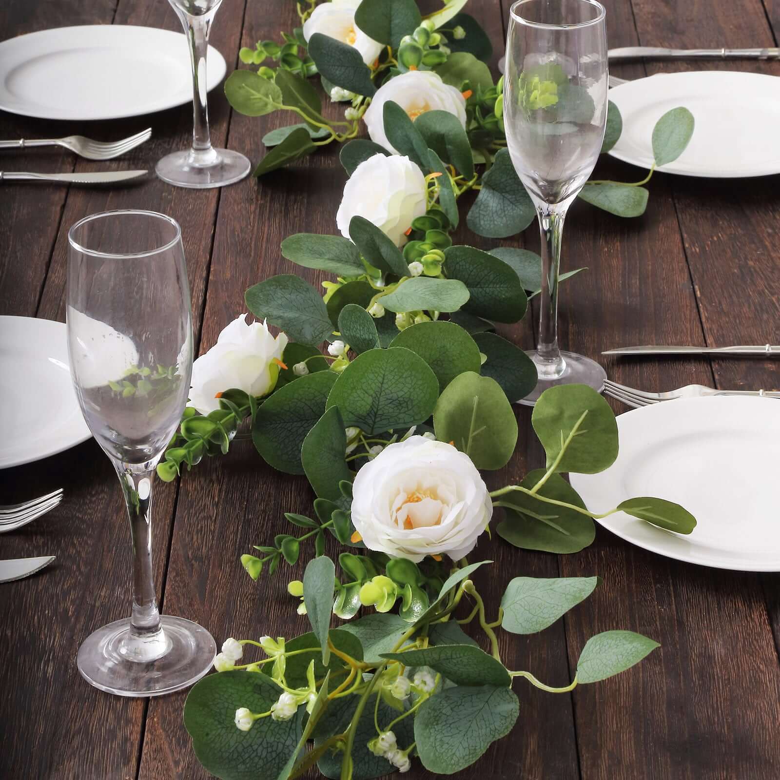 Artificial Eucalyptus Leaf Table Garland With 7 White Rose Flower Heads, Floral Greenery Hanging Vines - 5.5ft - Image 6