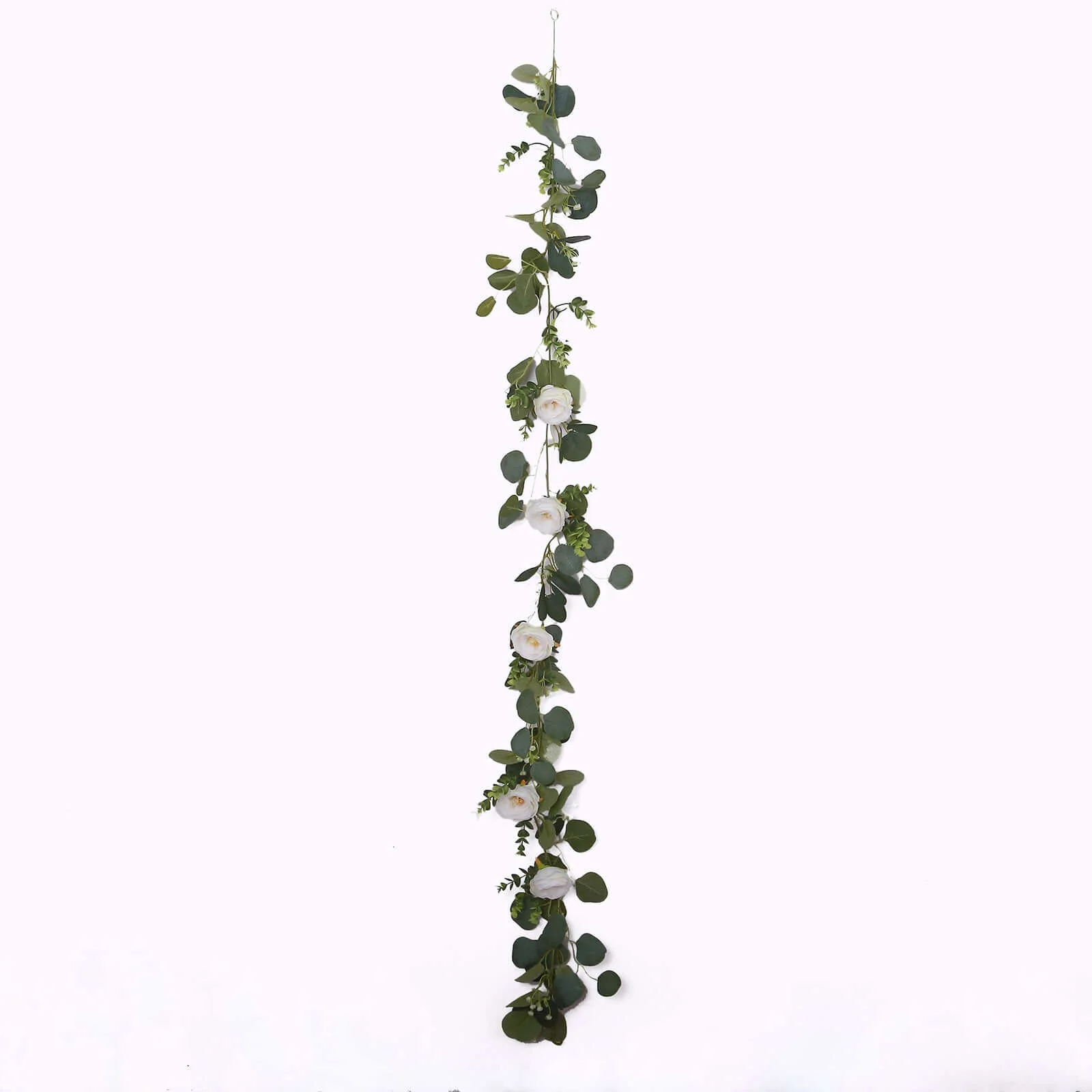 Artificial Eucalyptus Leaf Table Garland With 7 White Rose Flower Heads, Floral Greenery Hanging Vines - 5.5ft - Image 8