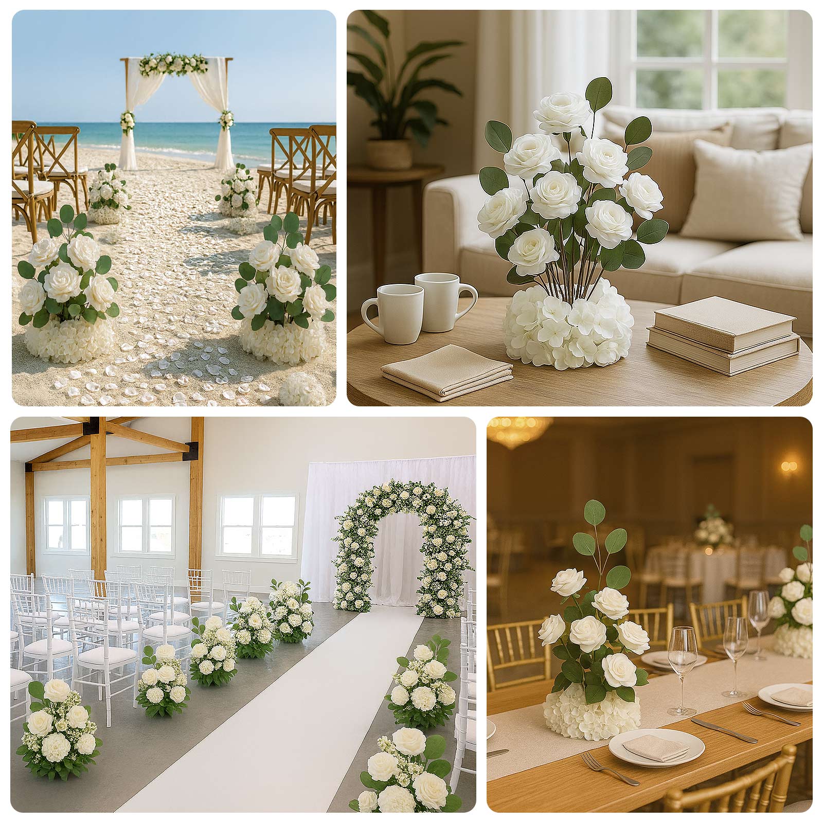 4-Pack Artificial Flower Arrangements – 20" White Roses, Hydrangeas & Eucalyptus, Free-Standing with Foam Base for Wedding Aisle Décor - Image 4