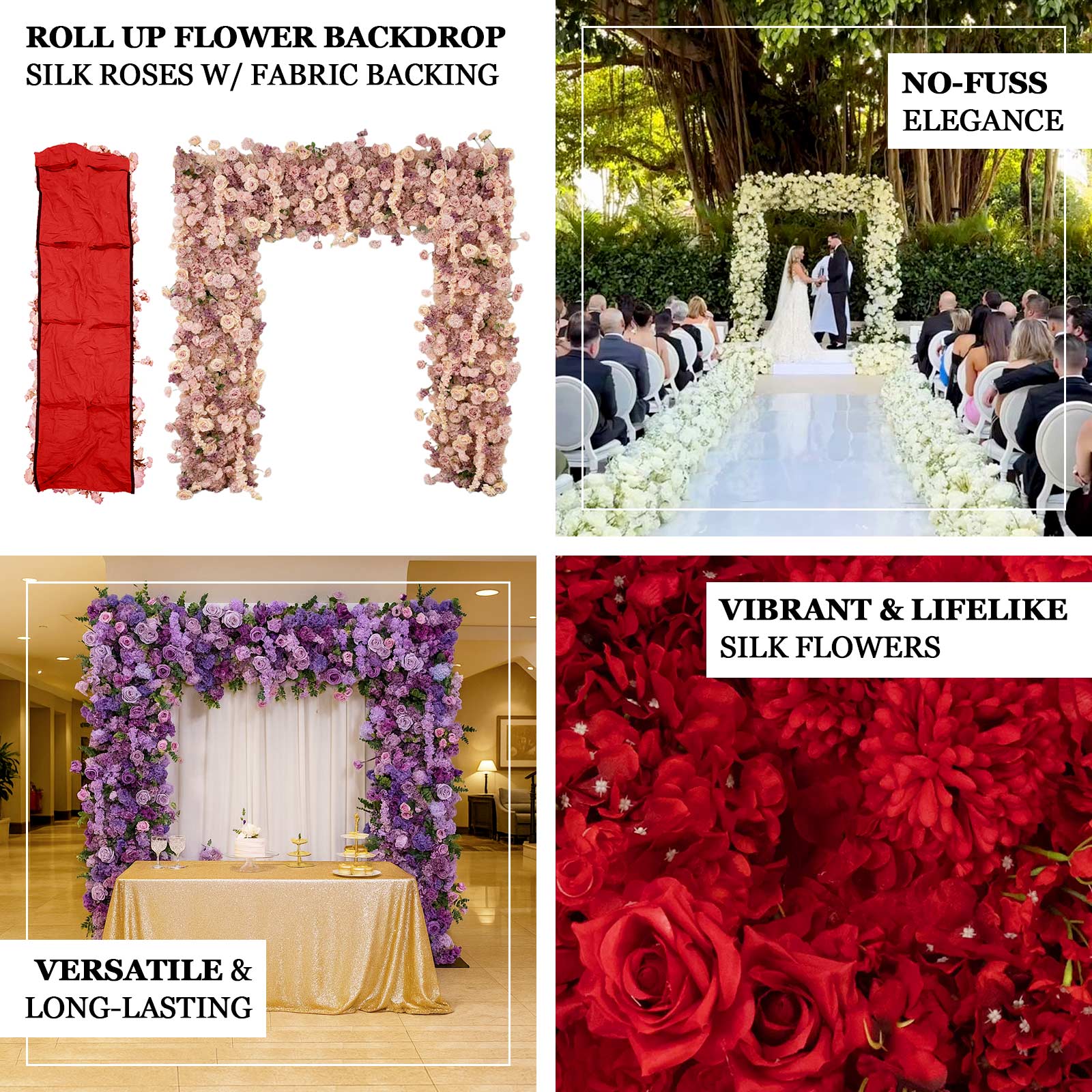 Roll Up Flower Backdrop for Arch Stand - Red with Fabric Backing, 8ftx8ft - Artificial Silk Roses, Hydrangeas & Chrysanthemums for Wedding Backdrop - Image 4