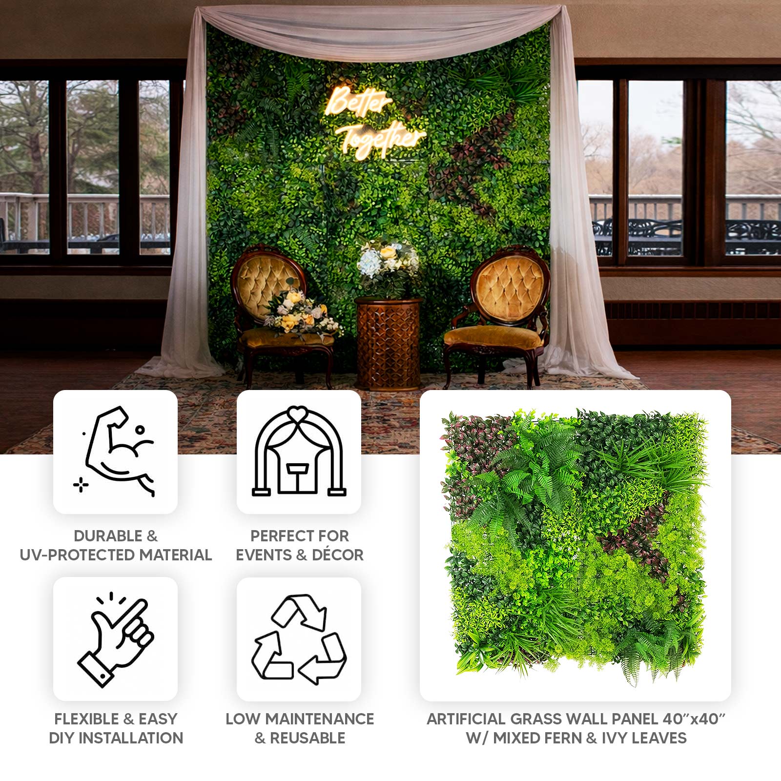 Artificial Grass Wall Panels, 40"×40" Greenery Backdrop with Mixed Fern and Ivy Leaves, Outdoor UV-Protected Grass Wall Mat for Events – 2 Panels, Covers 22 Sq. Ft. - Image 4