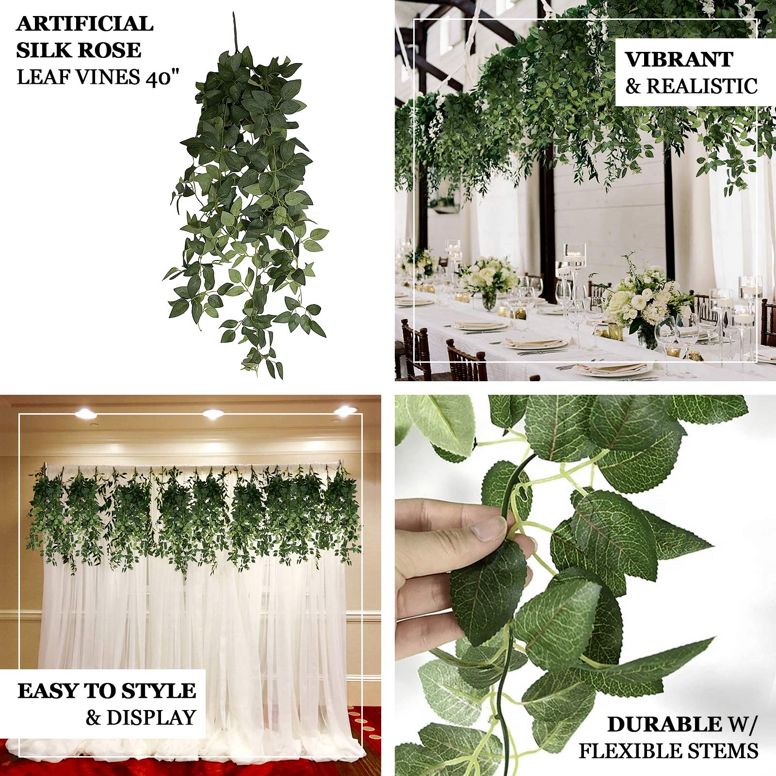 3-Pack Artificial Hanging Greenery Bushes – 40" Silk Rose Leaf Vines for Indoor Wall Decor, Garden & Wedding Backdrop - Image 4
