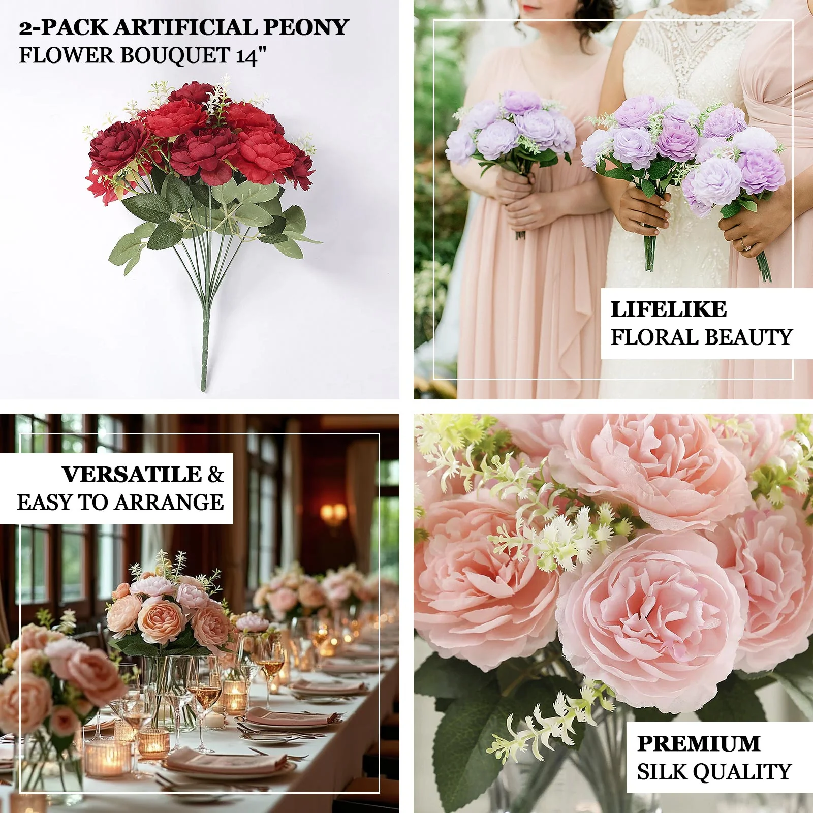 2-Pack Artificial Peony Flower Bouquet – 14" Lavender Lilac Silk Floral Arrangement for Wedding Centerpieces, Home or Table Decor - Image 3