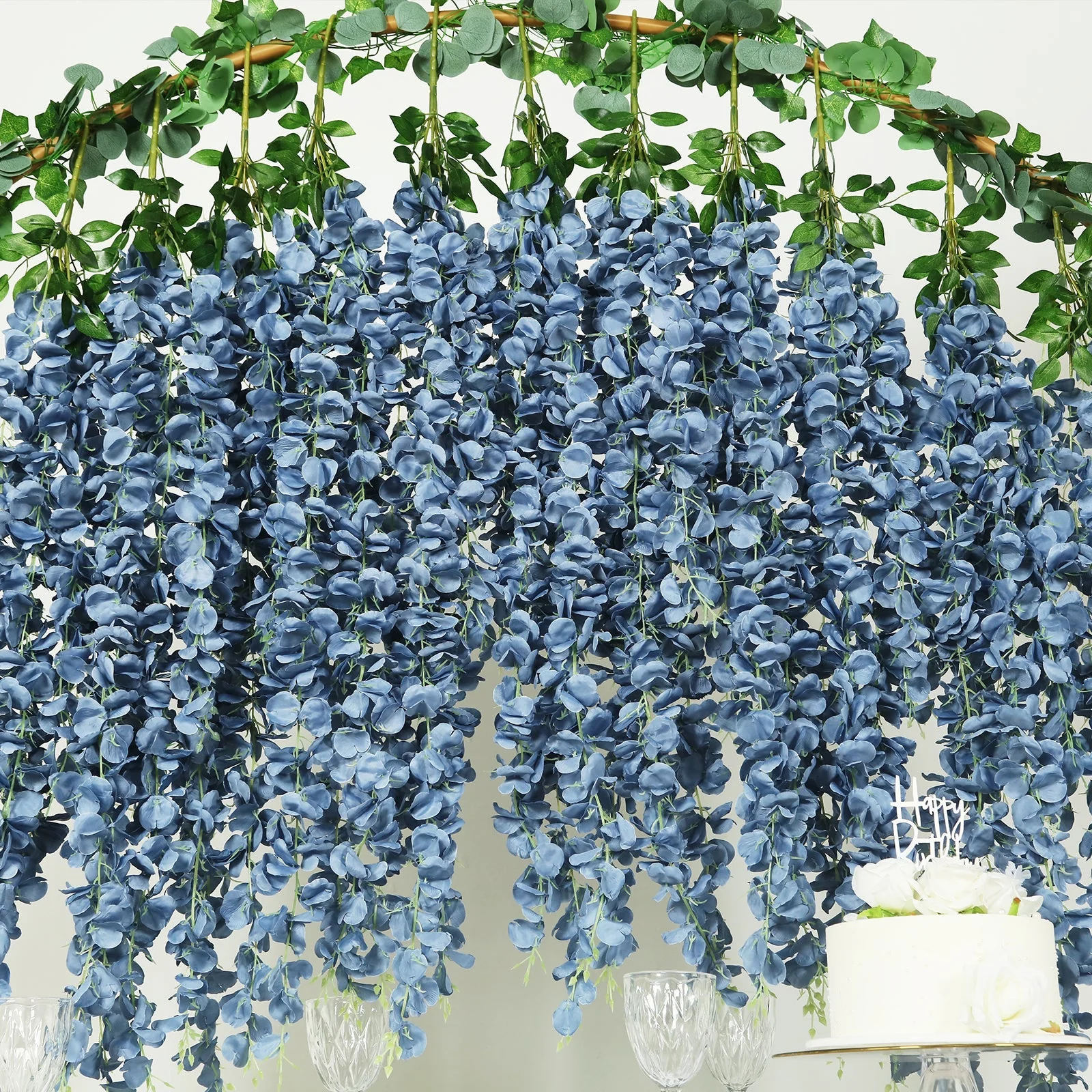 Artificial Silk Hanging Wisteria Flower Garland Vines in Dusty Blue, 5 Full Strands in 1 Bush - 42" - Image 7