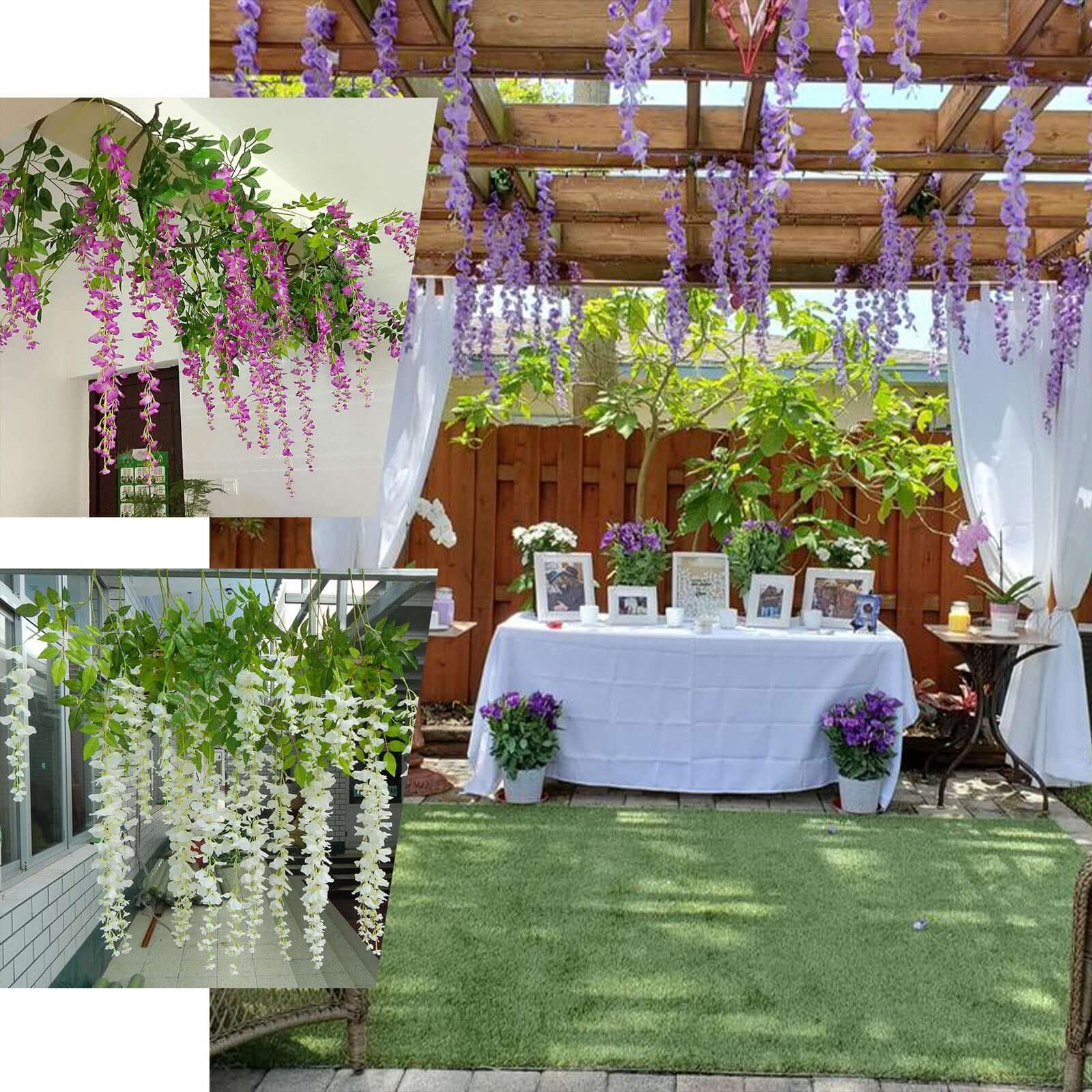 Artificial Silk Hanging Wisteria Flower Garland Vines in White, 5 Full Strands in 1 Bush - 42" - Image 4