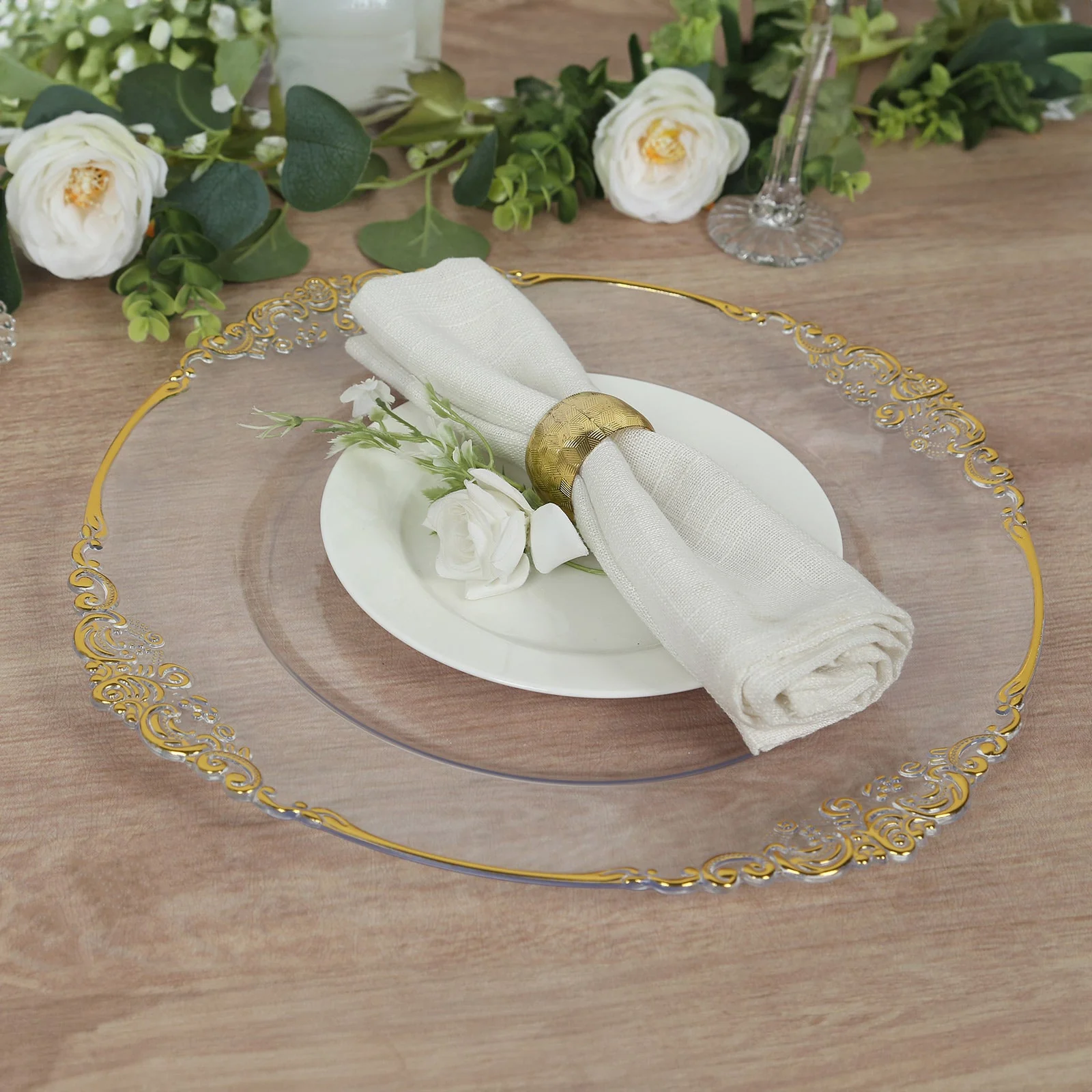 20-Pack Economy Plastic Charger Plates 13" Round Clear with Gold Embossed Baroque Rim - Stylish Dinner Party Serving Plates - Image 8