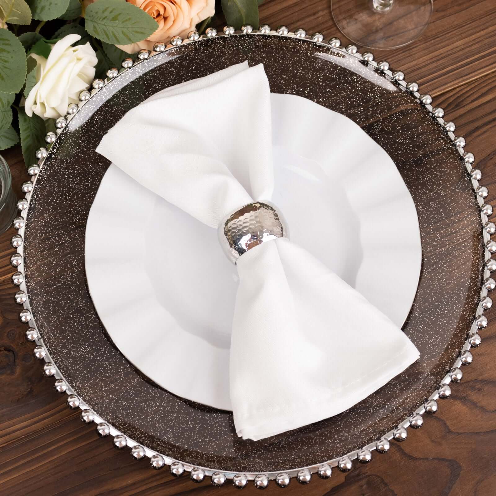 6-Pack Acrylic Charger Plates 13" Round Transparent Black with Silver Glittered Beaded Rim - Decorative Dinner Party Charger Tableware - Image 2