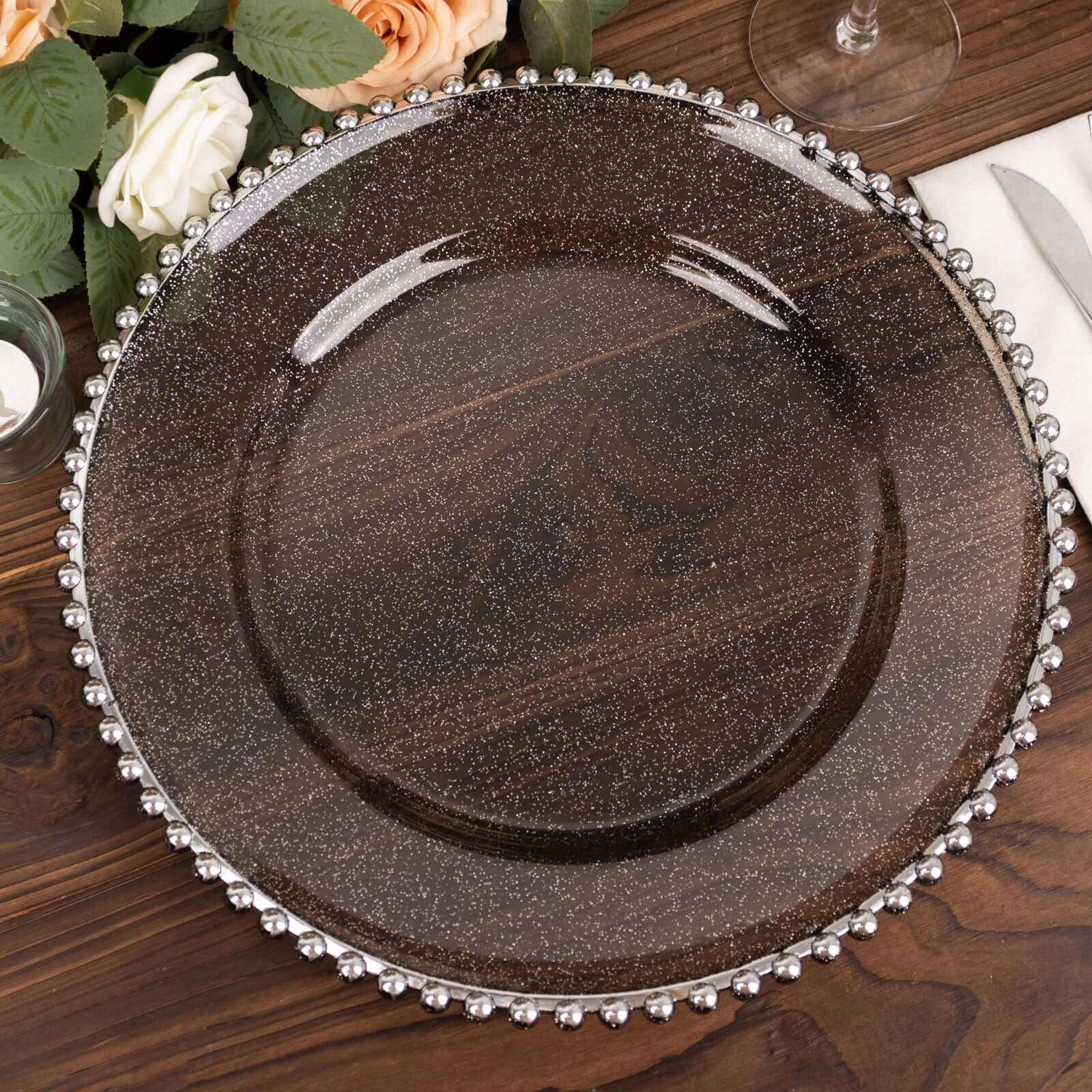 6-Pack Acrylic Charger Plates 13" Round Transparent Black with Silver Glittered Beaded Rim - Decorative Dinner Party Charger Tableware - Image 8
