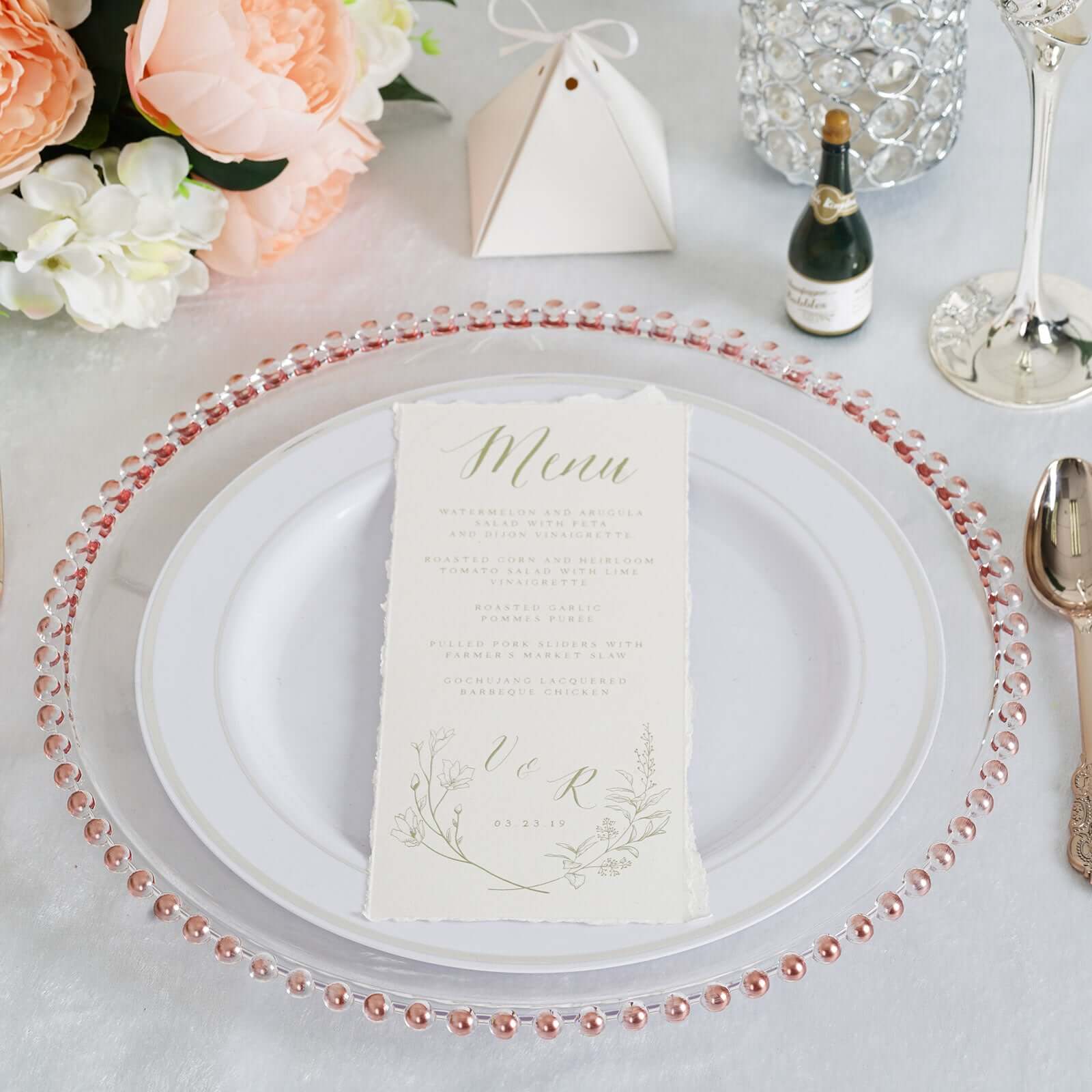 6-Pack Acrylic Charger Plates 13" Round Clear with Rose Gold Beaded Rim - Decorative Dinner Party Serving Plates - Image 2