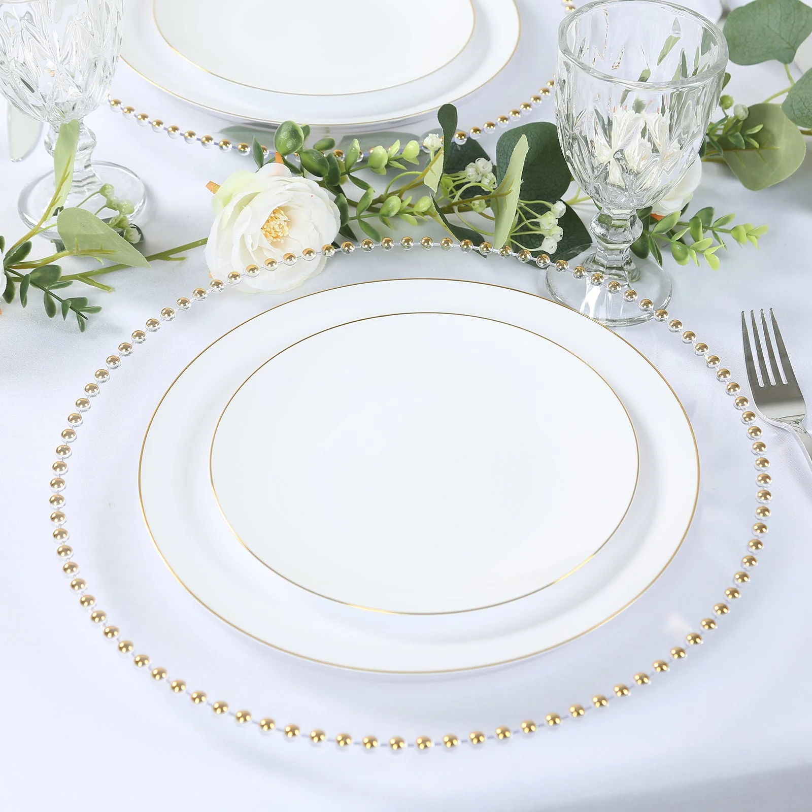 10-Pack Economy Plastic Charger Plates 13" Round Clear with Gold Beaded Rim - Stylish Dinner Party Serving Plates - Image 7