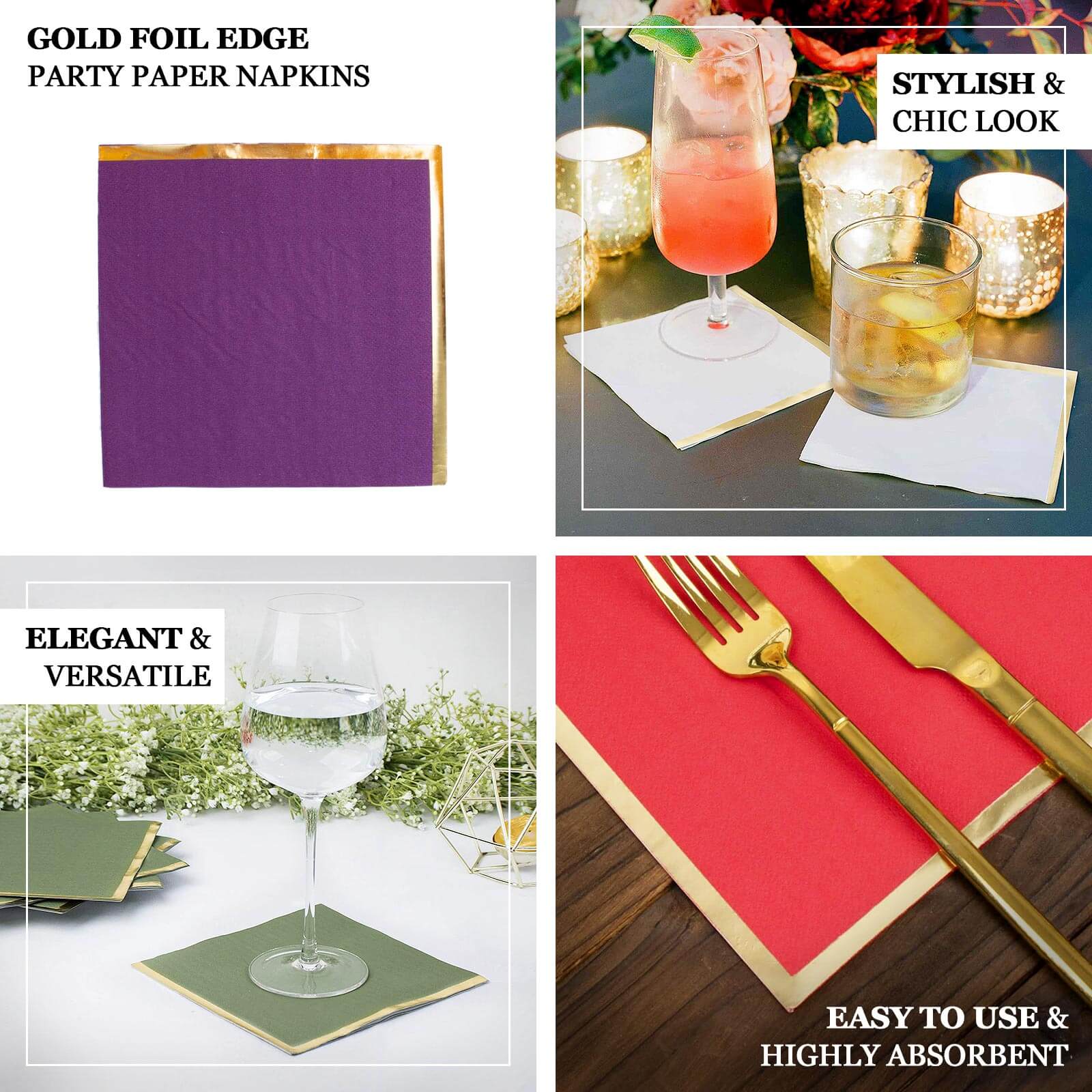 50-Pack Paper Beverage Napkins 2 Ply White with Gold Foil Edge 6.5"x6.5" - Soft Disposable Cocktail Napkins - Image 4