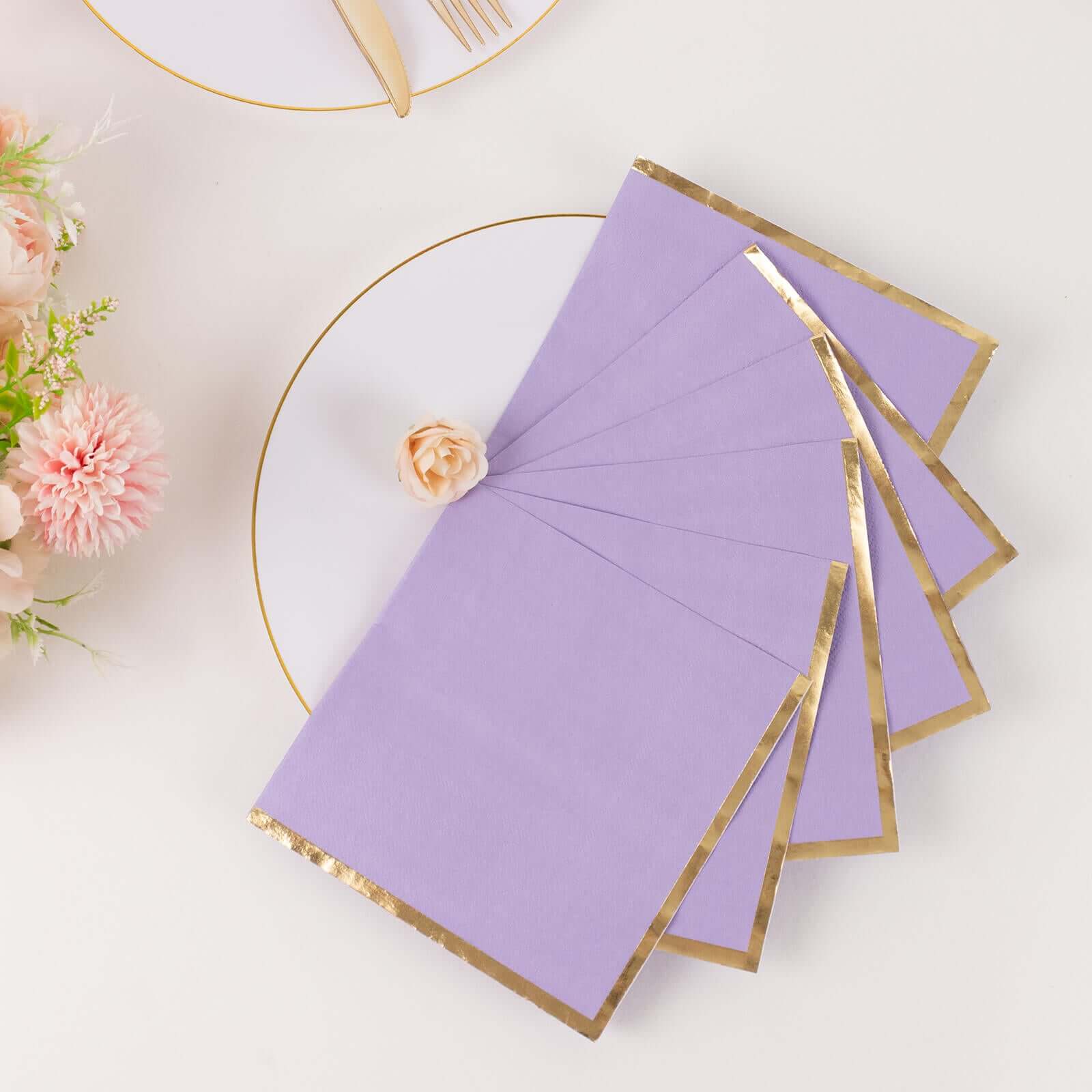 50-Pack Paper Beverage Napkins 2 Ply Lavender with Gold Foil Edge 6.5"x6.5" - Soft Disposable Cocktail Napkins - Image 2